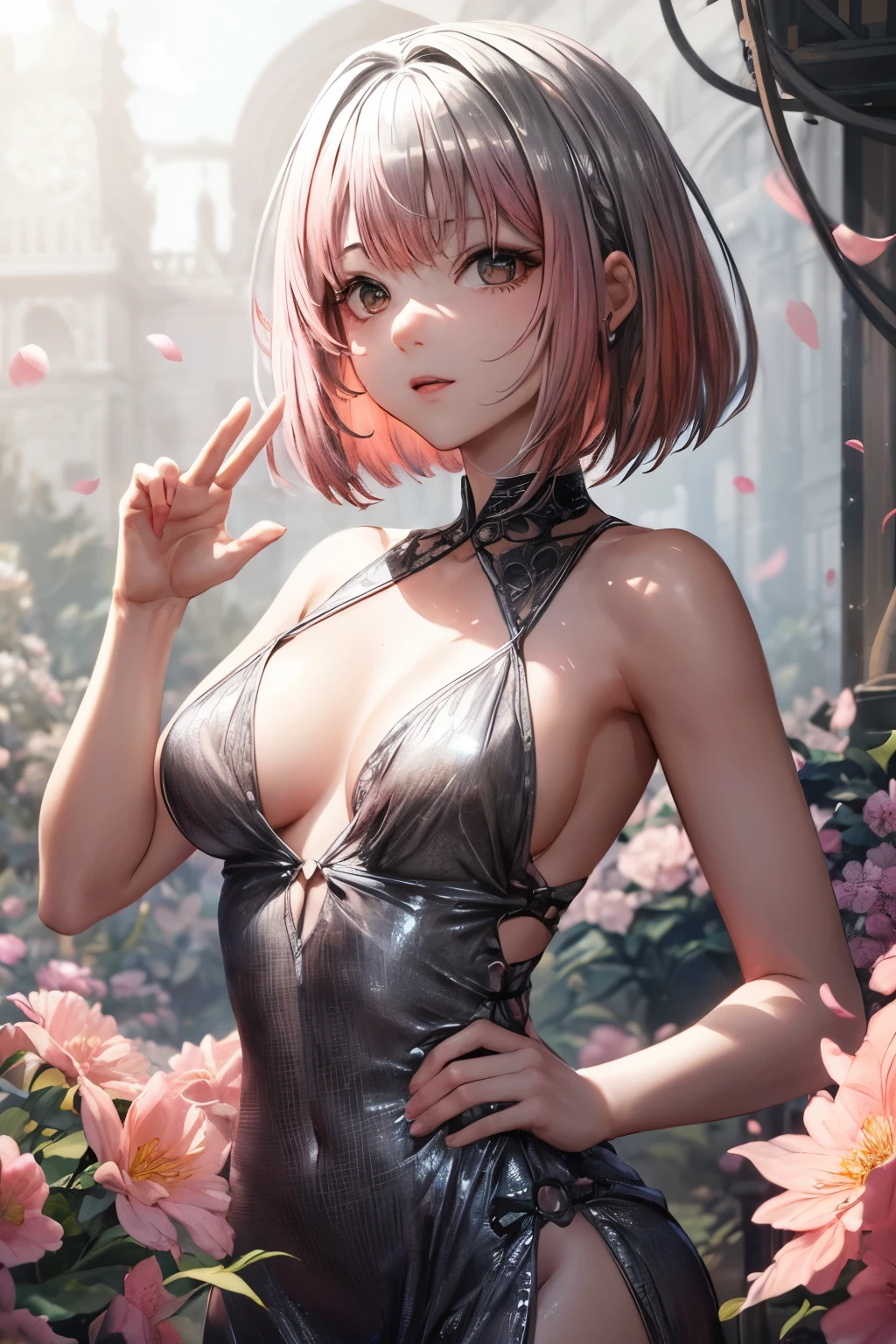 (disorganized, High resolution, Super detailed), 1 girl, mature woman, ((pink hair:1.5)), ((bob cut 1.5)), break, ((black eye)), shortcut, ((straight hair)), break, ((Silver dress:1.5)), small eyes and small face, Highly detailed CG Unity 8K wallpaper, intricate details, break , kaleidoscopic images, symmetrical pattern, Bright colors, geometric shapes, fascinating design, optical illusion, dynamic composition break , pantomime art, expressive body language, quiet story, evocative gesture, visual story, theatrical performances break , blooming flowers, colorful petals, fragrant scent, blessings of nature, vibrant garden, peaceful scenery, big boobs, model pose, sexy,