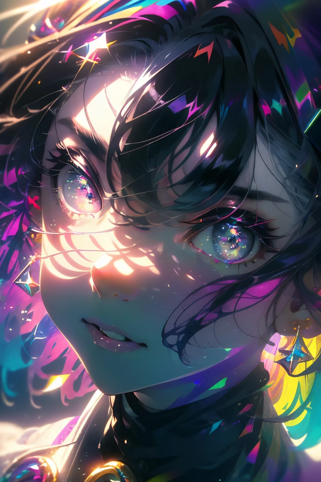 ((masterpiece,High resolution,8K quality,highest quality)),1 girl,((highly detailed face)),woman,delicate eyes,((purple eyes)),((hairstyle on:Circular cut,black haired,hair that shines in the light)),Lens flare,dramatic makeup,smile gracefully,natural complexion,big and full breasts,Diffuse reflection of light((Colorful:1.5)),
