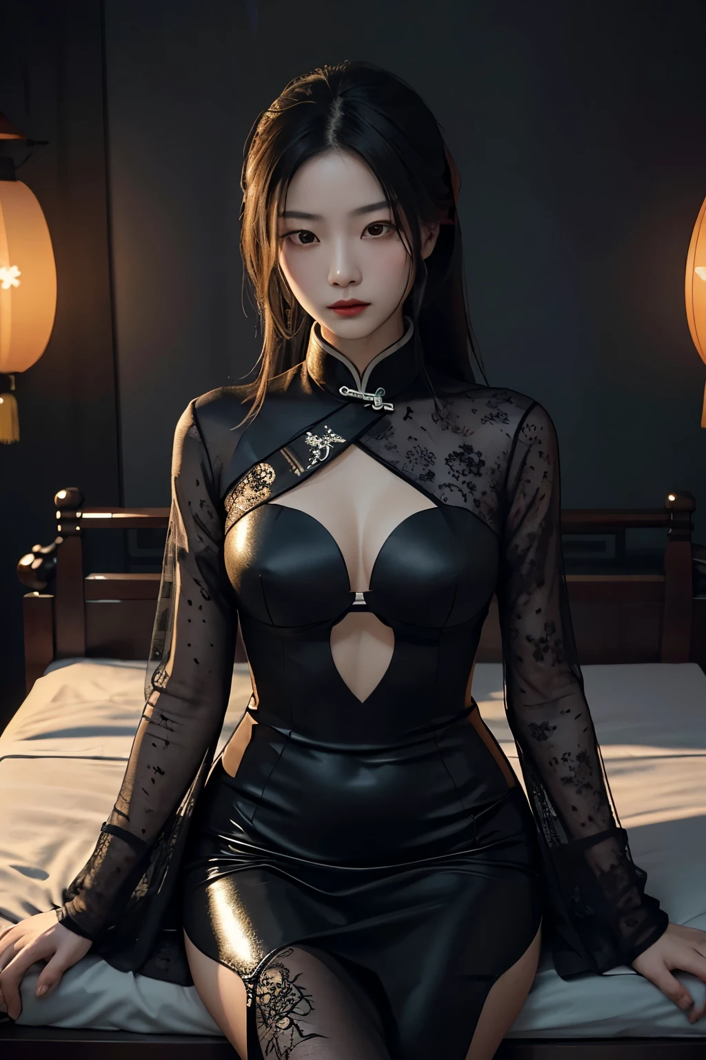 Masterpiece, top image quality, high resolution,
Solitary confinement, Chinese style rehabilitation bed,
Dark style female assassin, exuding an aura of mystery and menace,
Clad in all-black attire, underneath the dimly lit room,
Glossy plastic armor, meticulously designed to ensure her comfort and quick recovery,
Sharp edges contrasted with soft curves, a perfect blend of functionality and style,
Metallic gloss showing beneath the shadows, reflecting the eerie glow from the low-hanging Chinese lanterns,
Close-up view reveals intricate patterns and symbols etched onto the bed, displaying rich Chinese culture and heritage,