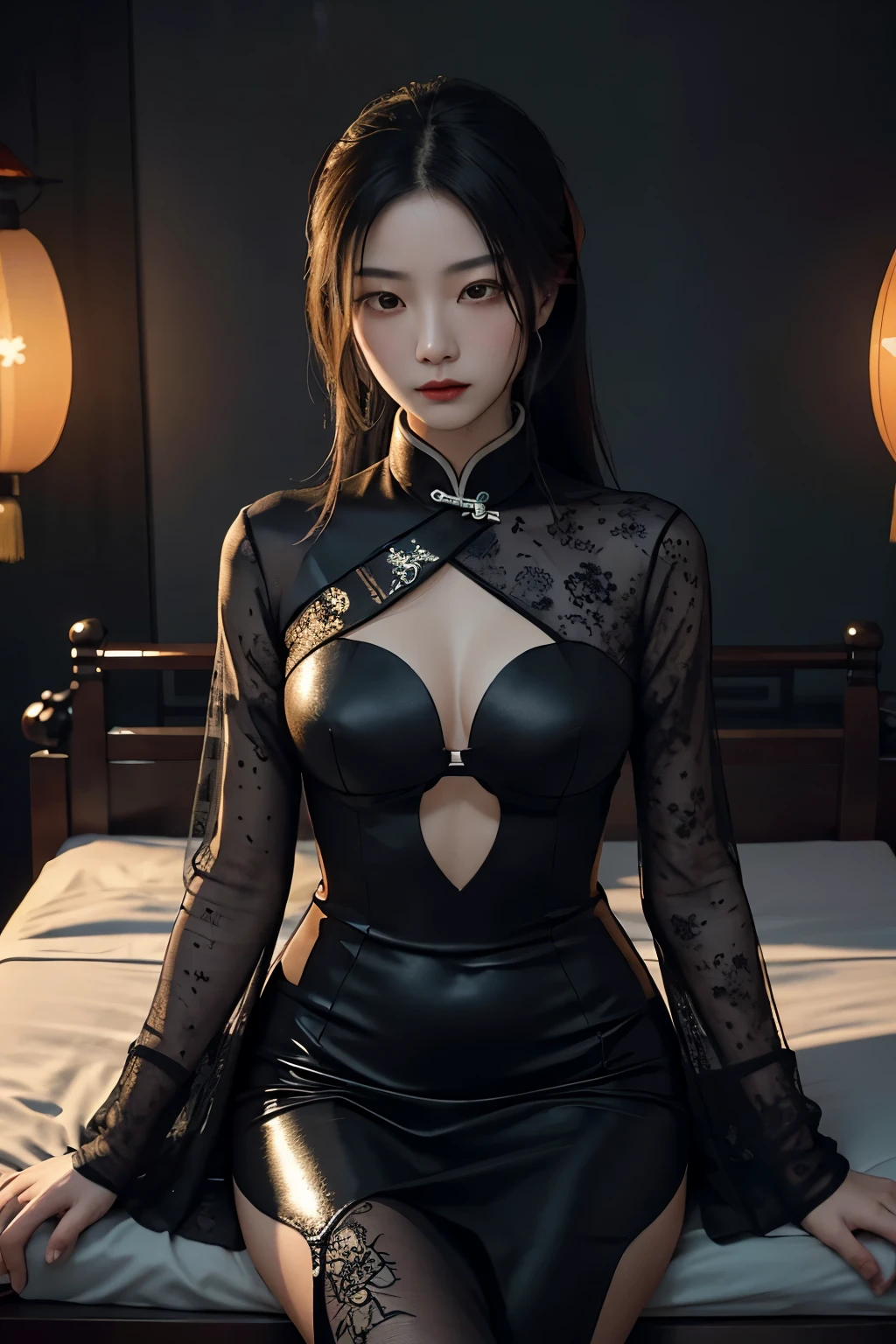 Masterpiece, top image quality, high resolution,
Solitary confinement, Chinese style rehabilitation bed,
Dark style female assassin, exuding an aura of mystery and menace,
Clad in all-black attire, underneath the dimly lit room,
Glossy plastic armor, meticulously designed to ensure her comfort and quick recovery,
Sharp edges contrasted with soft curves, a perfect blend of functionality and style,
Metallic gloss showing beneath the shadows, reflecting the eerie glow from the low-hanging Chinese lanterns,
Close-up view reveals intricate patterns and symbols etched onto the bed, displaying rich Chinese culture and heritage,