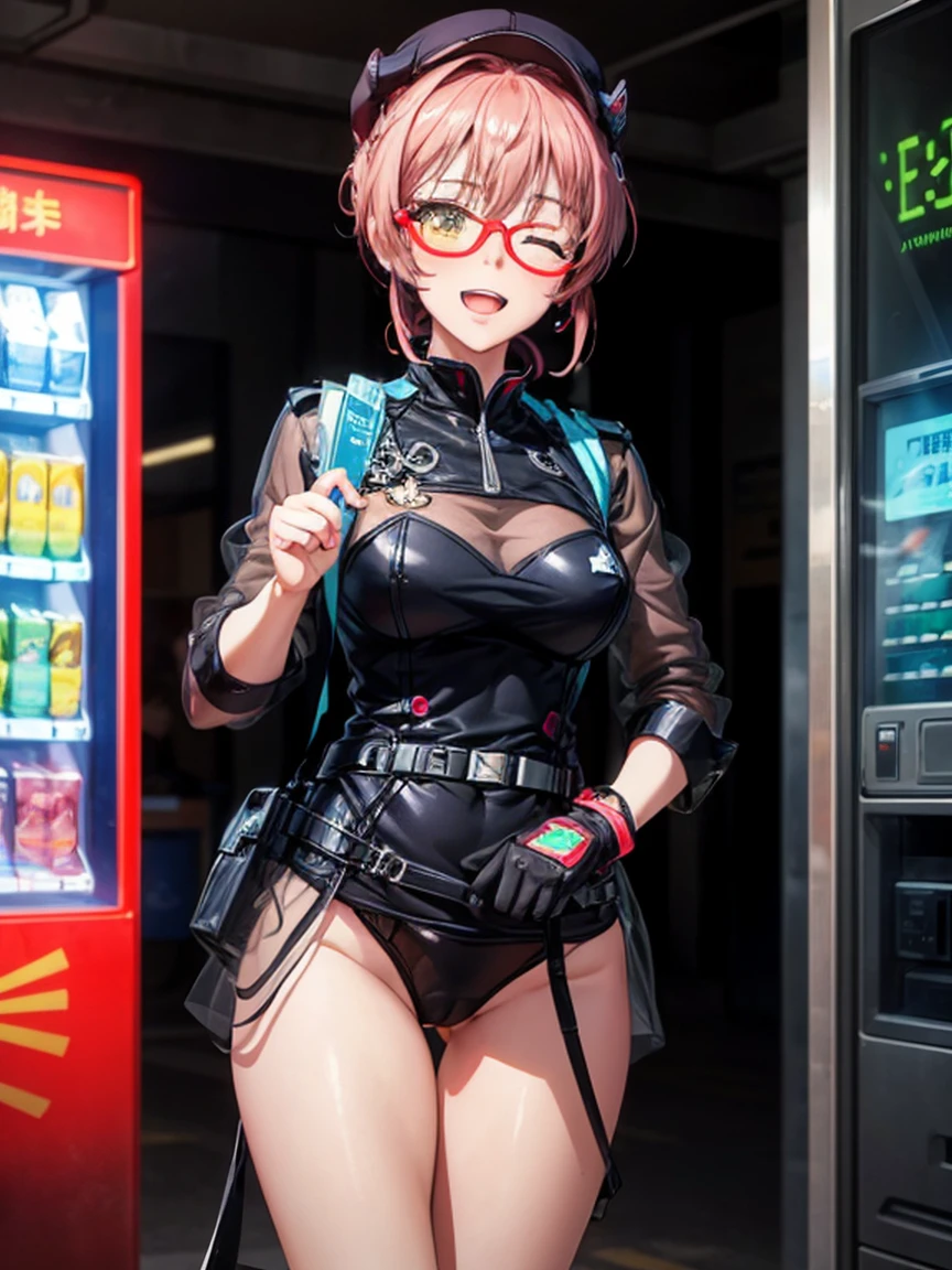nsfw,(masterpiece, best quality), ultra high res, 8K, cinematic lighting, vector art,vivid tone,extremely delicate and beautiful eys,soft clean focus, realistic lighting and shading, (an extremely delicate and beautiful art)1.3,(sketch)1.4,(welcoming gestures)1.3, 1 girl,(enjoy,light smile), (full-face blush)1.3,(open mouth), cute face, beautiful detailed eyes, (sunglasses),one eye closed,mechanization bishoujo cyborg police woman, wearing beautiful detailed police woman costume, ((see-through)),(vending machine)1.4, (neon color)+, (identification number tattoo)++, (in night),(cyber China town)+,