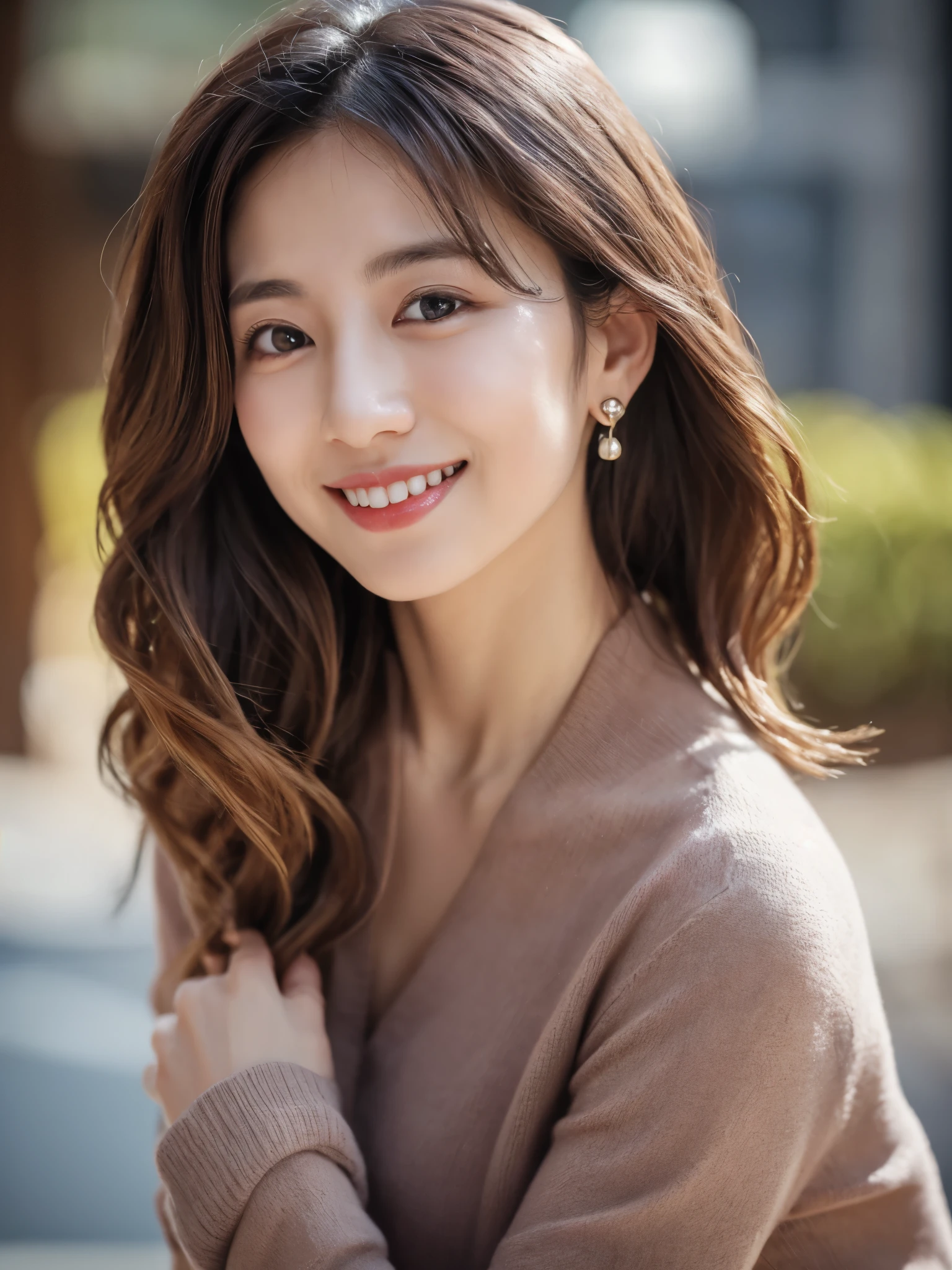 １people、Delicate skin quality、日本people、((Highest quality, 4K, Masterpiece: 1.3)), Beautiful style: 1.4, The tips of the hair are curled, Light pink knit, Large Breasts, Wet body, Sweaty, Place your arms on your hips, smile, Highly detailed face and skin texture, Fine grain, double eyelid、The whole body is visible、White teeth、Large park