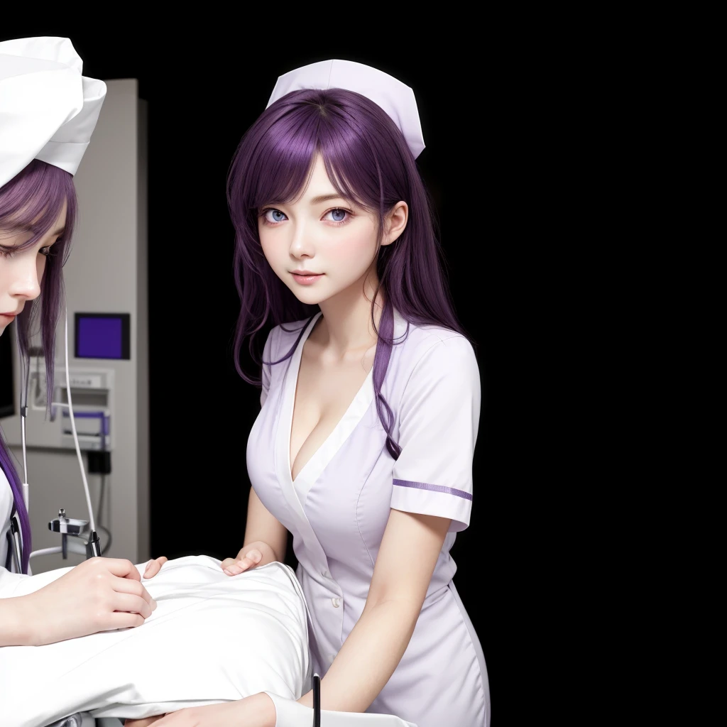 Best image quality, outstanding detail, ultra high resolution, (realism: 0), best illustration, prefer details, highly condensed 1girl, delicate and beautiful face, long hair, disheveled hair, big, blush, cleavage, delicated skin, a beautiful woman with violet hair and bright violet eyes, Currently performing a patient examination pose. In a clinic, proper nurse dress and a nurse hat, standing
