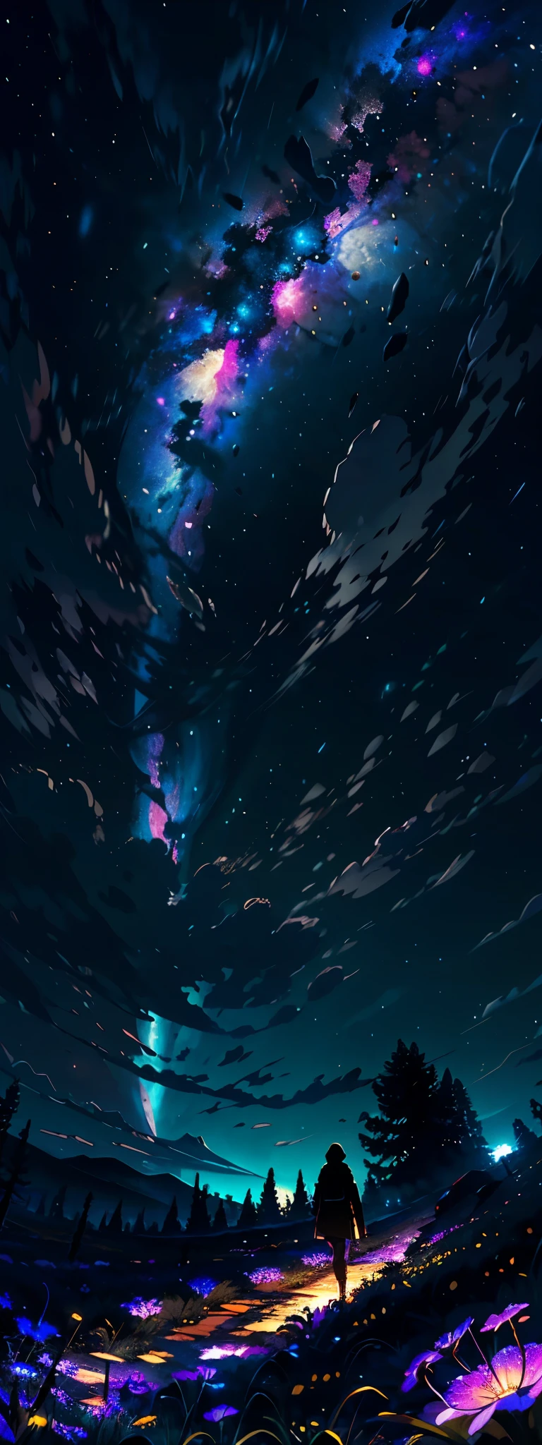 expansive landscape photograph , (a view from below that shows sky above and open field below), a girl standing on flower field looking up, (full moon:1.2), ( shooting stars:0.9), (nebula:1.3), distant mountain, tree BREAK
production art, (warm light source:1.2), (Firefly:1.2), lamp, lot of purple and orange, intricate details, volumetric lighting BREAK
(masterpiece:1.2), (best quality), 4k, ultra-detailed, (dynamic composition:1.4), highly detailed, colorful details,( iridescent colors:1.2), (glowing lighting, atmospheric lighting), dreamy, magical, (solo:1.2)
