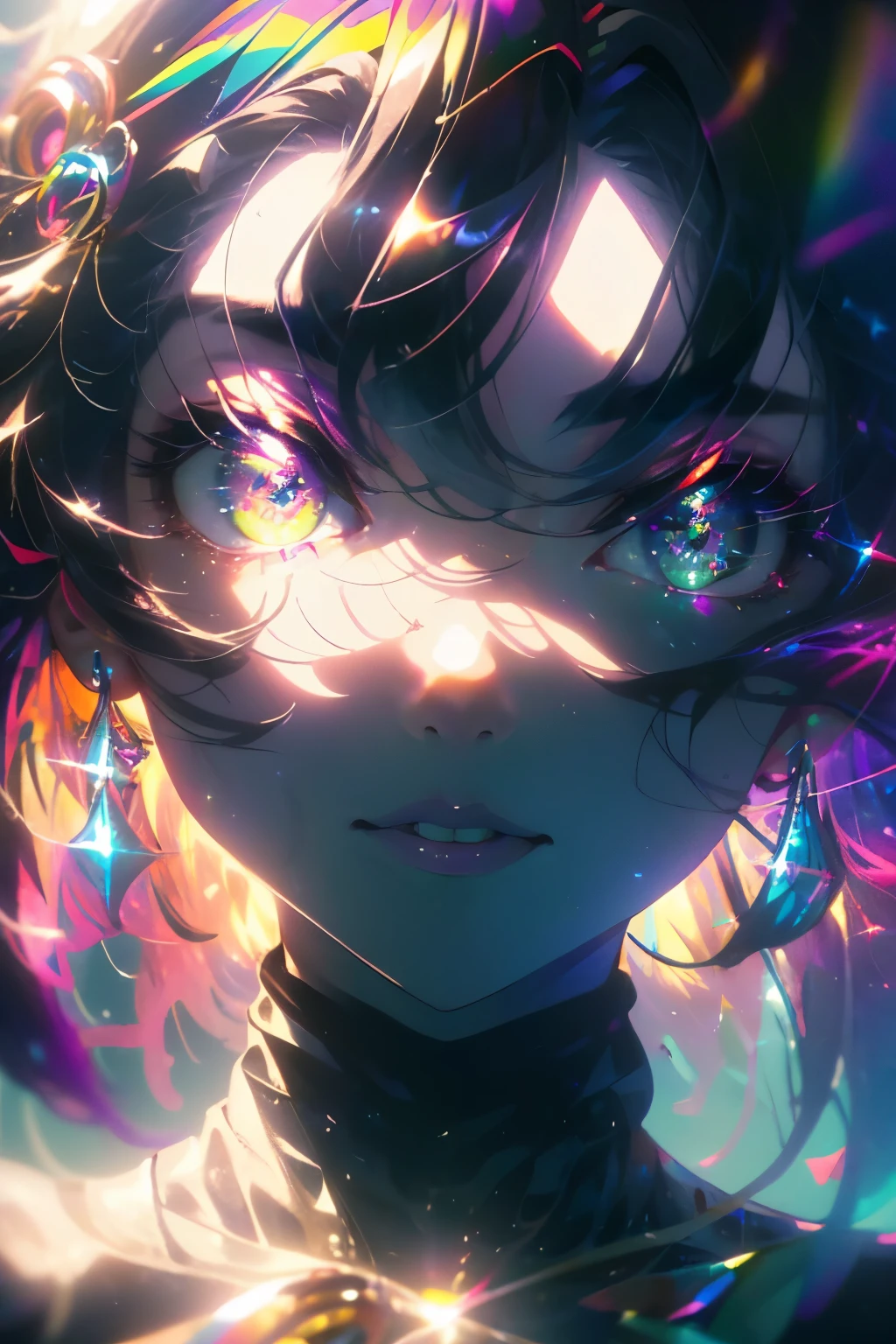 ((masterpiece,High resolution,8K quality,highest quality)),1 girl,((highly detailed face)),woman,delicate eyes,((purple eyes)),((hairstyle on:Circular cut,black haired,hair that shines in the light)),Lens flare,dramatic makeup,smile gracefully,natural complexion,big and full breasts,Diffuse reflection of light((Colorful:1.5)),