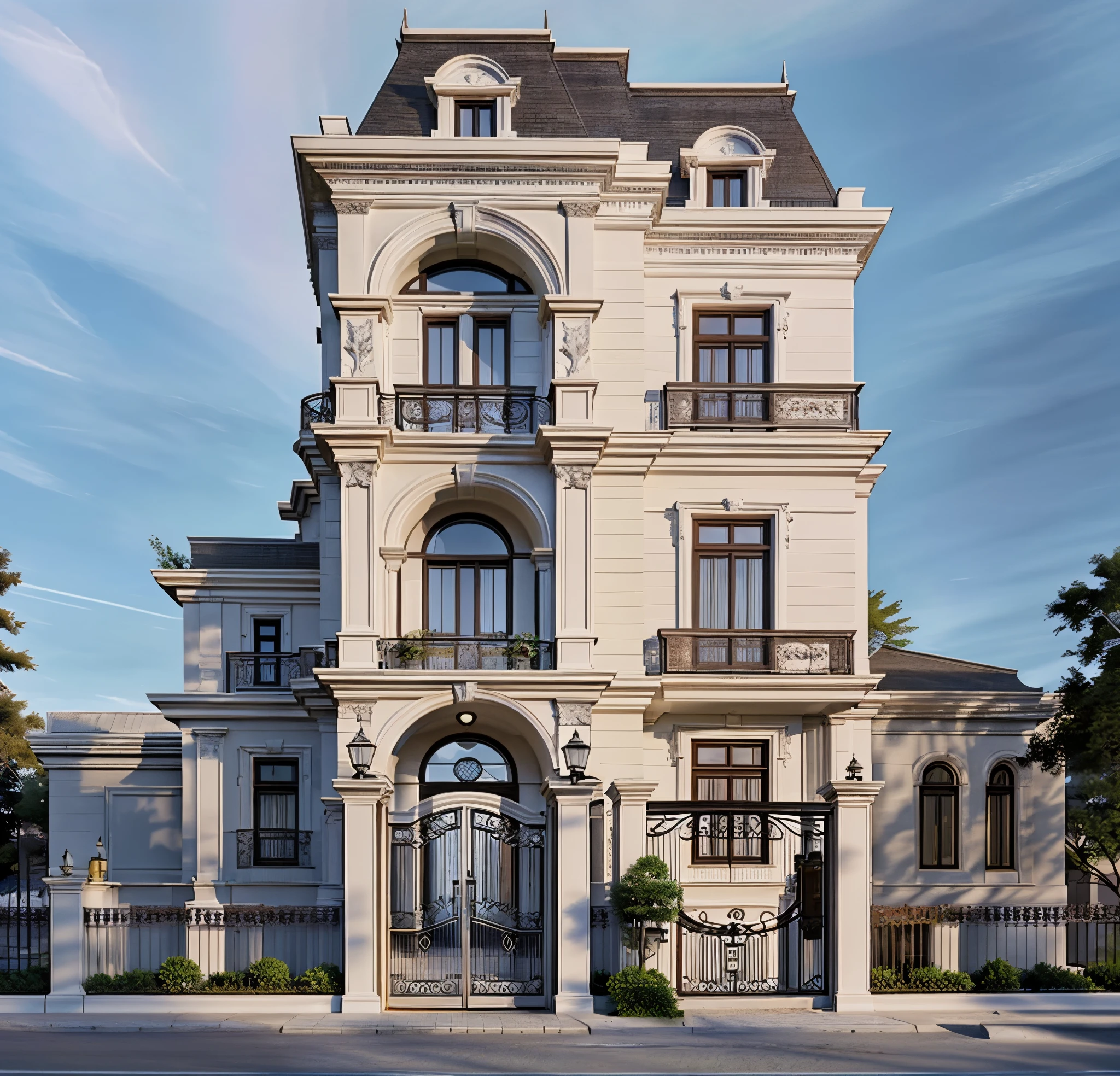 Architectural masterpiece, best quality, 16k image, classic architecture, white painted walls, car parked in front yard, arched door, artistic iron railing, arched door, wall lamp, best quality, detail most detailed, 3d max rendering