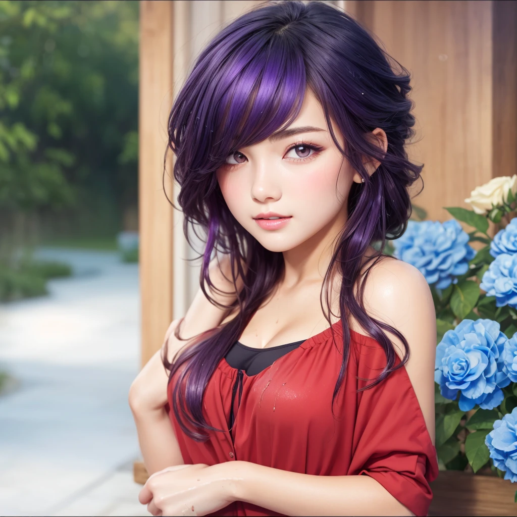 Best image quality, outstanding detail, ultra high resolution, (realism: 0), best illustration, prefer details, highly condensed 1girl, delicate and beautiful face, long hair, disheveled hair, big, blush, cleavage, wet skin, a beautiful woman with violet hair and bright violet eyes, holding a rose, in a garden.