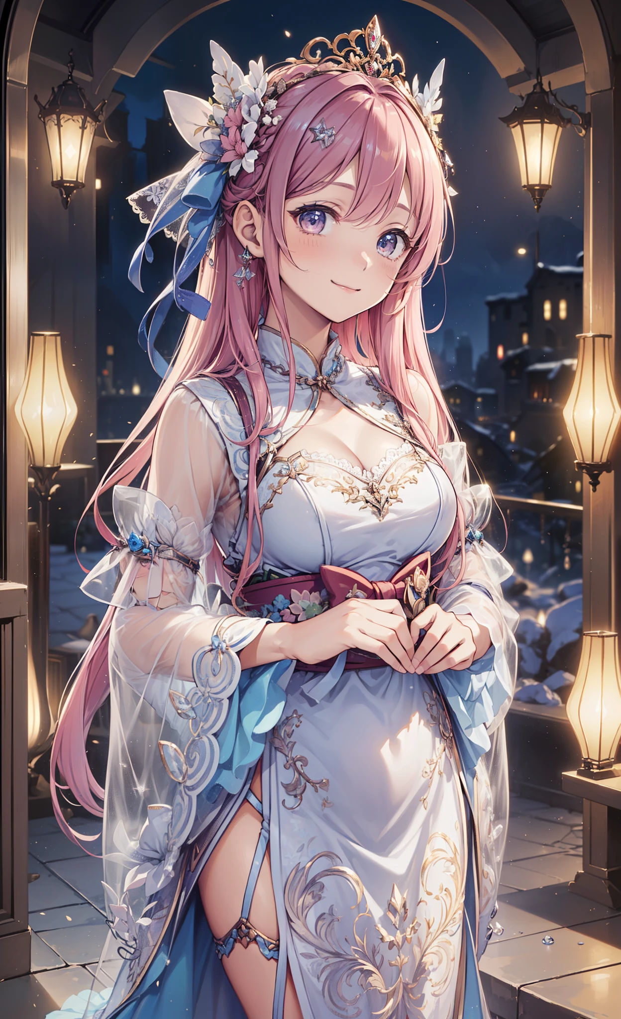 top quality、Top image quality、masterpiece、girl ((Over 20 years old、medium to large bust、obsessed、tempting pose、Breasts are small,long pink hair、charming figure、Grand canyon、Silver transparent skirt mixed with modern sexy clothing、ideal girlfriend for love，幻想世界的girl)）high quality、beautiful art、background with((Magical scenes))、visual art、depth of field、Diamonds adorn clothes、Full body female love、Seductive pose、Sexual innuendo、sexual teasing、lace、Transparent skirt、