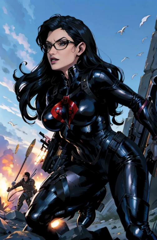 DC Comics, dressed as a Goth girl, by Adam Hughes and Geiger, g.i. joe baroness, (sexy), , detailed background, in action, battle, fighting,  battlefield 