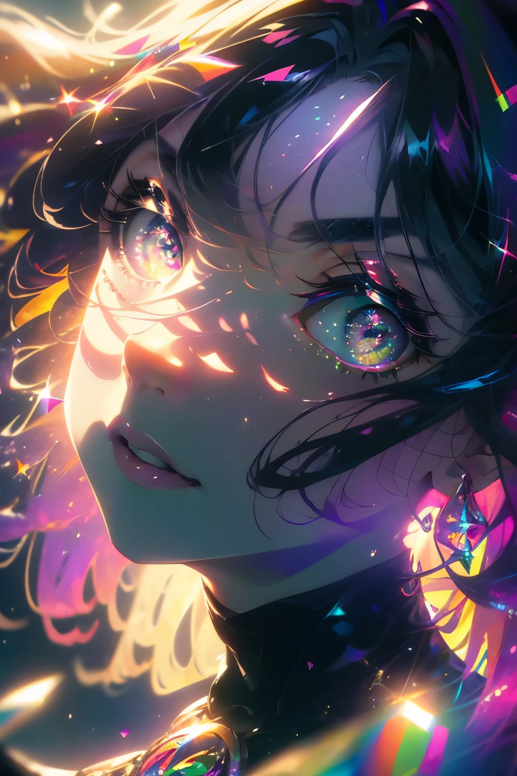 ((masterpiece,High resolution,8K quality,highest quality)),1 girl,((highly detailed face)),woman,delicate eyes,((purple eyes)),((hairstyle on:Circular cut,black haired,hair that shines in the light)),Lens flare,dramatic makeup,smile gracefully,natural complexion,big and full breasts,Diffuse reflection of light((Colorful:1.5)),