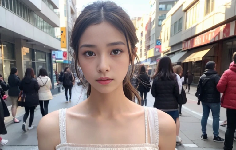 young girl on the street,Just one person,The costumes are detailed and complete,slim body,Natural expressions,Soft light and shadow,The proportions of the characters are reasonable,Normal human eyes,Eyes are delicately drawn,Delicate facial details,Detailed sculpting of upper body,Attention to detail,The texture is delicate,vivid emotional description,meticulous detail