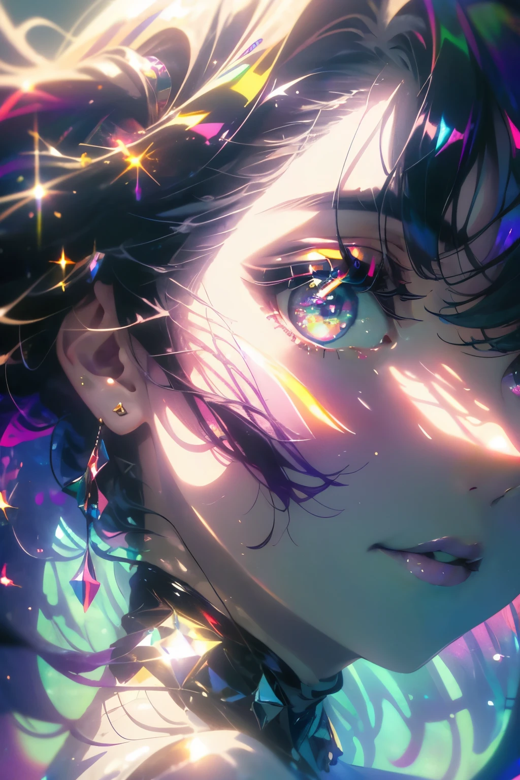 ((masterpiece,High resolution,8K quality,highest quality)),1 girl,((highly detailed face)),woman,delicate eyes,((purple eyes)),((hairstyle on:Circular cut,black haired,hair that shines in the light)),Lens flare,dramatic makeup,smile gracefully,natural complexion,big and full breasts,Diffuse reflection of light((Colorful:1.5)),