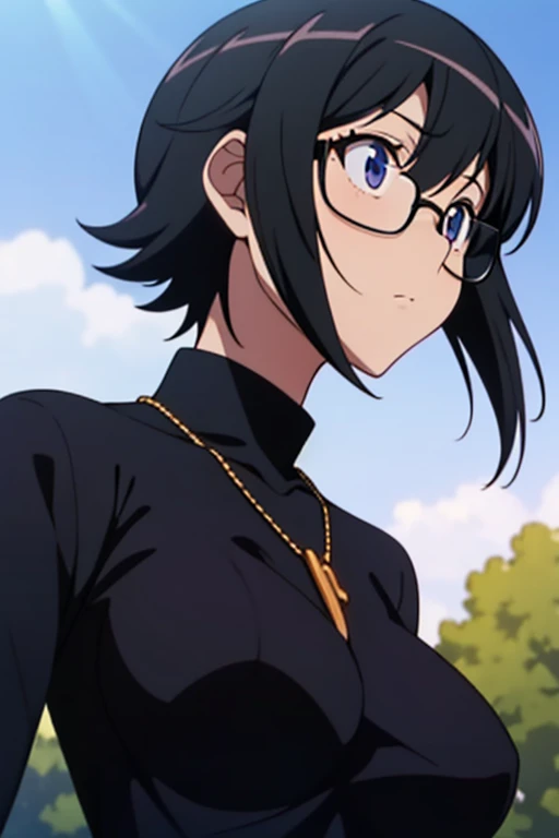 (masterpiece, high resolution, best quality, anime colored, anime screencap, 8k, photorealistic), Shizuku Murasaki, 1girl, cute, black hair, short hair, glasses, expressionless, huge breast, (long sleeve, tight black turtleneck), (upper body, looking at view, from below), denim, inverted cross chain necklace, (perfect detailed anatomy, beautiful detailed eyes&hair, beautiful face, shiny skin), sunshine outdoors