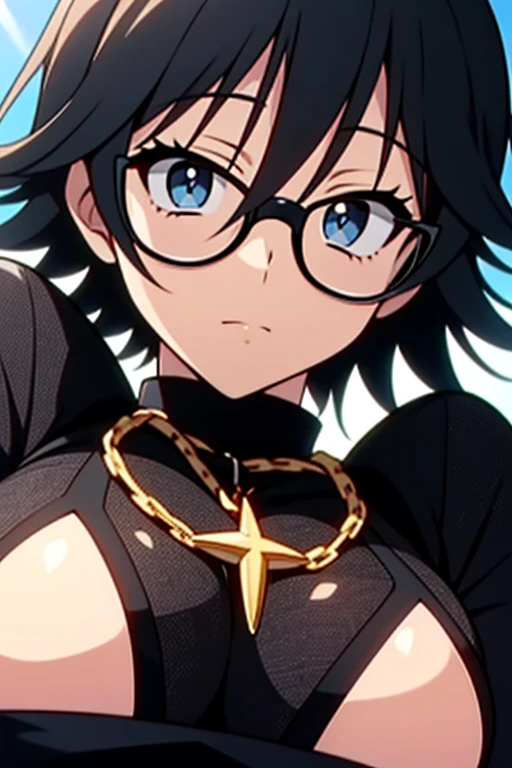 (masterpiece, high resolution, best quality, anime colored, anime screencap, 8k, photorealistic), Shizuku Murasaki, 1girl, cute, black hair, short hair, glasses, expressionless, huge breast, (long sleeve, tight black turtleneck), (upper body, looking at view, from below), denim, inverted cross chain necklace, (perfect detailed anatomy, beautiful detailed eyes&hair, beautiful face, shiny skin), sunshine outdoors