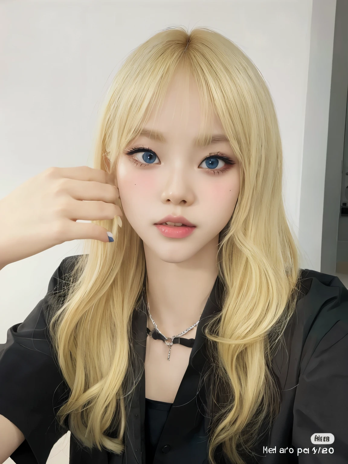 blond girl with blue eyes and long hair wearing a black shirt, lalisa manobal, ulzzang, lalisa manoban of blackpink, popular south korean makeup, portrait of kim petras, long blonde hair and big eyes, blonde hair and large eyes, a girl with blonde hair, long blonde hair and large eyes, portrait of jossi of blackpink