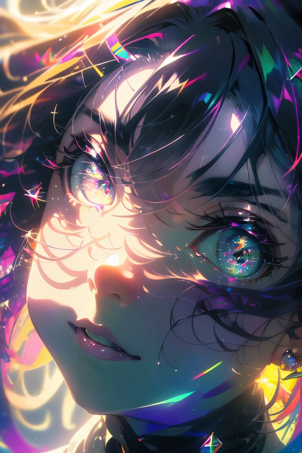 ((masterpiece,High resolution,8K quality,highest quality)),1 girl,((highly detailed face)),woman,delicate eyes,((purple eyes)),((hairstyle on:Circular cut,black haired,hair that shines in the light)),Lens flare,dramatic makeup,smile gracefully,natural complexion,big and full breasts,Diffuse reflection of light((Colorful:1.5)),