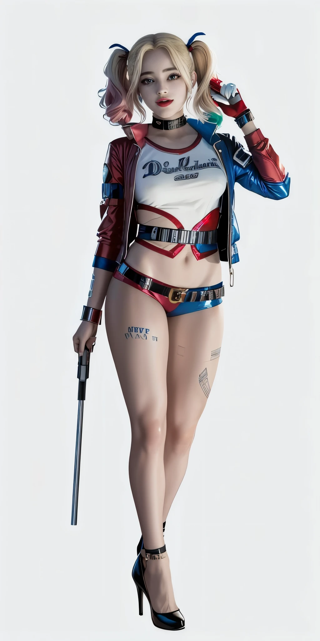 Anime girl signing in on hand, , Harley Quinn, (best quality, 4K, 8k, high resolution, masterpiece:1.2), queen of harley, Harley Quinn, Portrait of Harley Quinn,, High heel, Super detailed, (actual, realistically, realistically:1.37),, concept artist style, (realistically:1.2), (endless reality), (masterpiece:1.2), (best quality), (Ultra-detailed), (8k, 4K, complicated),
