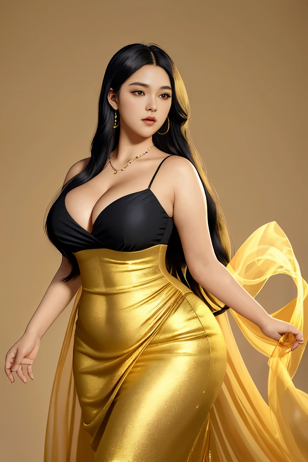 1girl in a (super beautiful, captivating) (cute hot body:1.1), (fully body wrapped in a hot, golden dress:1.3), (smart, well-proportioned figure:1.2), (long, luscious black hair:1.4), (large, voluptuous breasts:1.5), (high, curvaceous hips:1.2), and (village background:1.3), 8k.
This image portrays a stunningly beautiful and cute girl, dressed in a hot, golden dress that hugs her body and accentuates her curves. Her smart, well-proportioned figure is further emphas