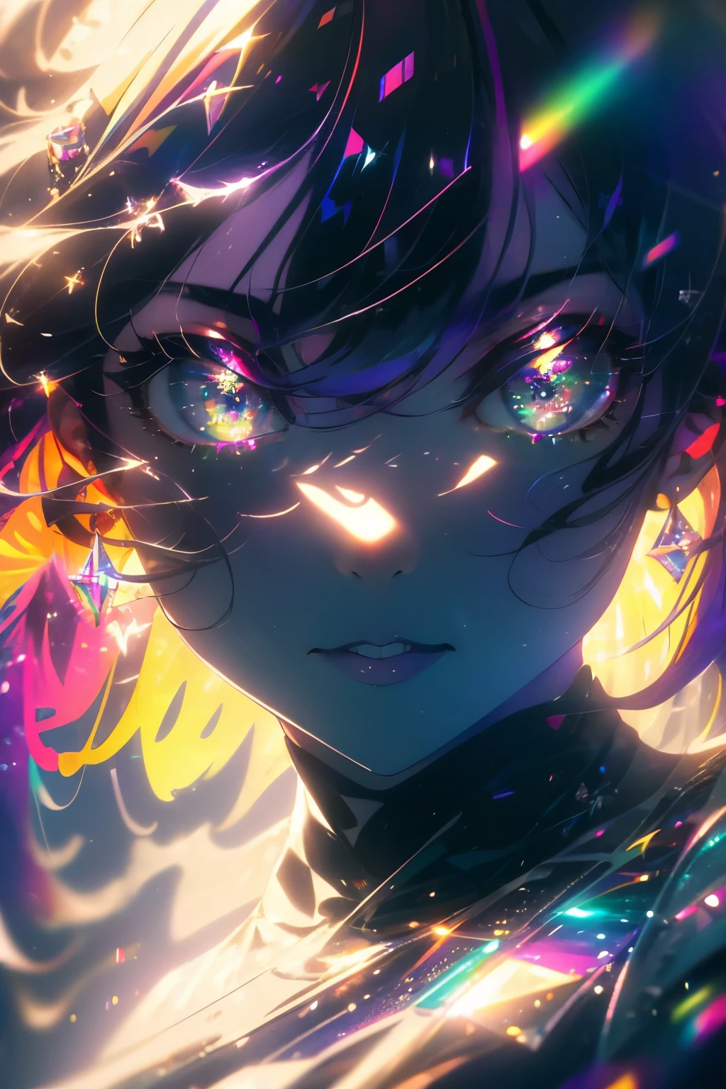((masterpiece,High resolution,8K quality,highest quality)),1 girl,((highly detailed face)),woman,delicate eyes,((purple eyes)),((hairstyle on:Circular cut,black haired,hair that shines in the light)),Lens flare,dramatic makeup,smile gracefully,natural complexion,big and full breasts,Diffuse reflection of light((Colorful:1.5)),