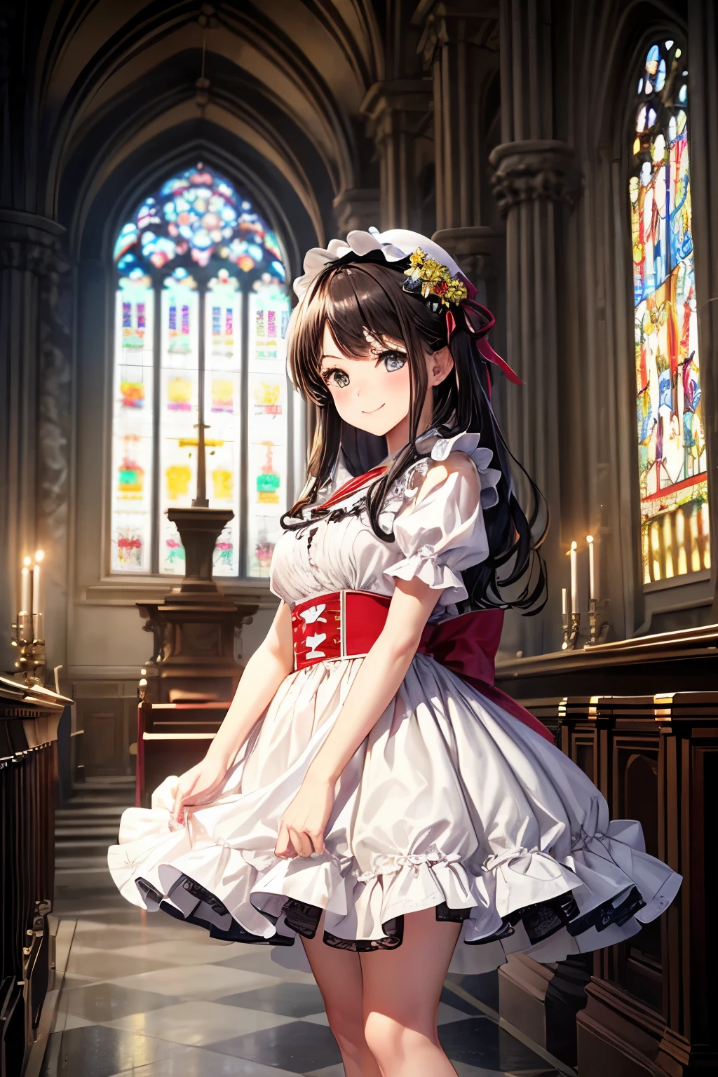 very cute and beautiful girl,(very detailed美しい顔と目:1.2),
smile,black hair,stylish pose,beautiful feet,cowboy shot,
Brown floral Lolita dress with detailed ruffles,
altar,church,indoors,
(highest quality,masterpiece:1.2),intricate details,very detailed,High resolution,1 girl,alone,cinematic lighting,
