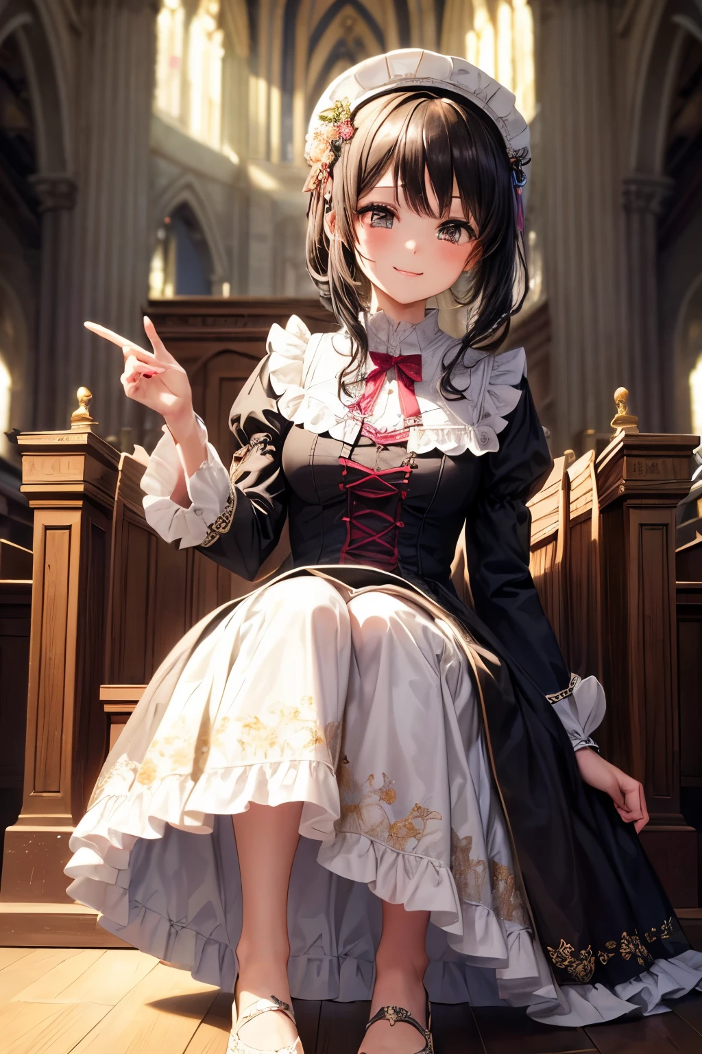 very cute and beautiful girl,(very detailed美しい顔と目:1.2),
smile,black hair,stylish pose,beautiful feet,cowboy shot,
Brown floral Lolita dress with detailed ruffles,
altar,church,indoors,
(highest quality,masterpiece:1.2),intricate details,very detailed,High resolution,1 girl,alone,cinematic lighting,