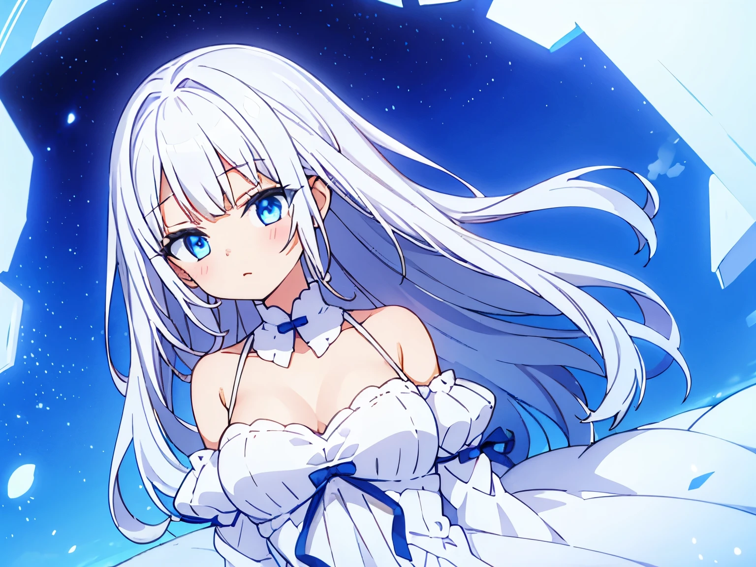 A cute girl with white hair and blue eyes wearing a white dress