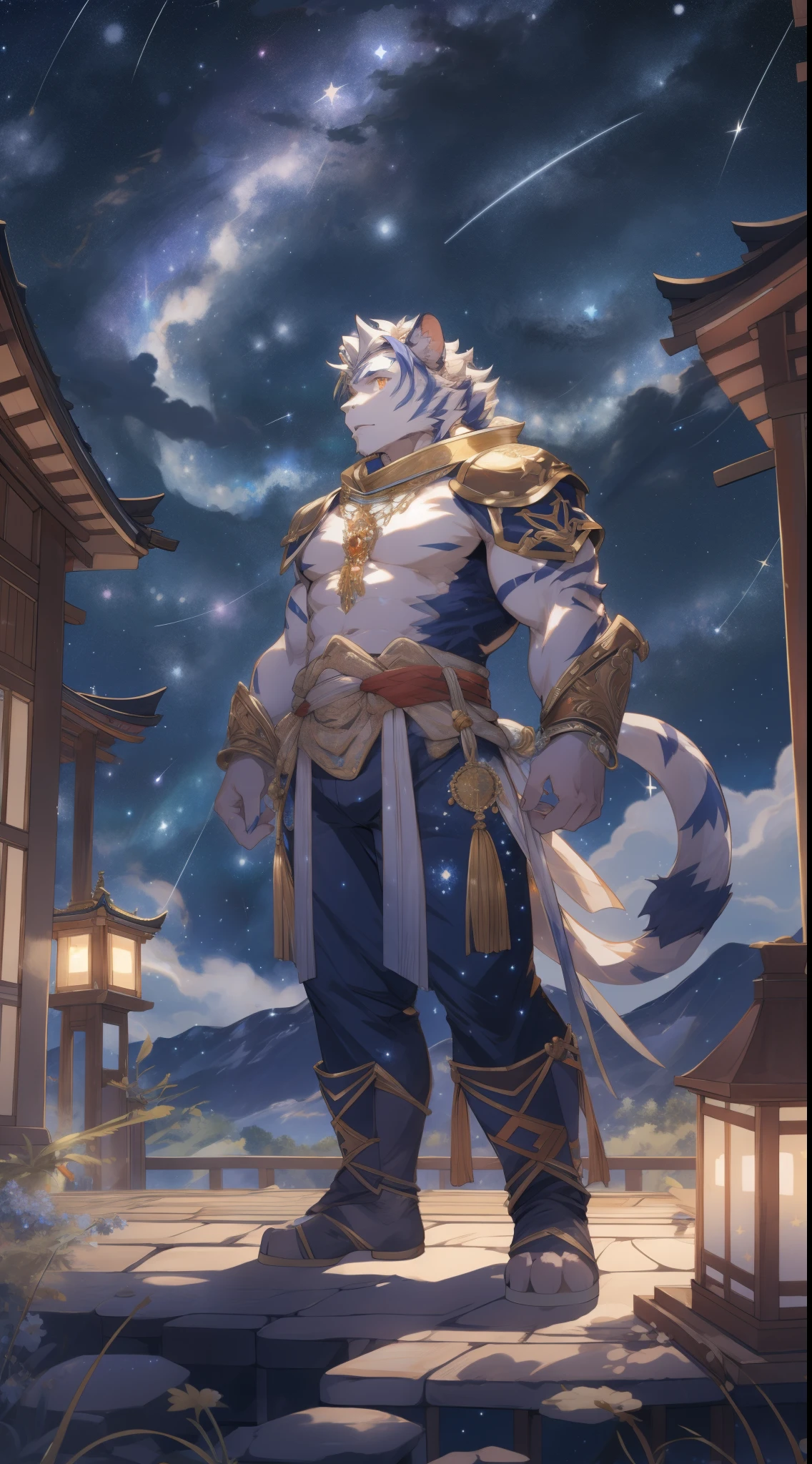 (by empty ghost, by thebigslick, by dark gems, by honowy), Kogenta (Onmyoji Oyamaji Temple), HD photos, perfect anatomy, Anthropomorphic white tiger, male, 20 years old, gods, Light blue stripes, strong body, Large pecs, pink milk clusters, medium bulge, 他飘浮在cloud端, Wear a white loose skirt, Divine brilliance, One arm up, Unleash magic，(night starry sky:1.5), mysterious expression, Face turned red, Golden pupils, look up at the sky, Gold ornaments, clear facial features, strong, alone, fog, cloud, upper sky, meteor shower, aurora, from above