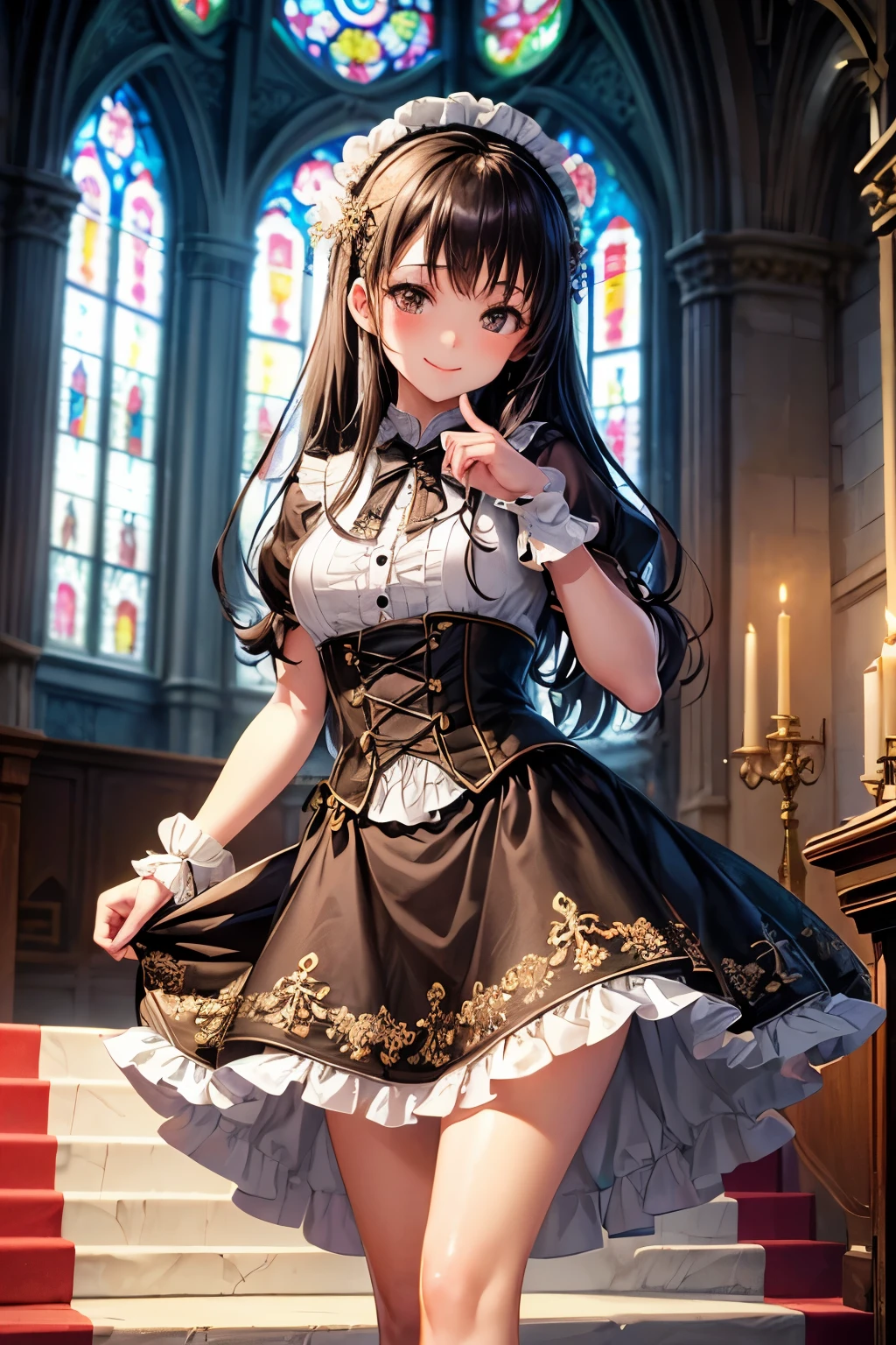 very cute and beautiful girl,(very detailed美しい顔と目:1.2),
smile,black hair,stylish pose,beautiful feet,cowboy shot,
Brown floral Lolita dress with detailed ruffles,
altar,church,indoors,
(highest quality,masterpiece:1.2),intricate details,very detailed,High resolution,1 girl,alone,cinematic lighting,