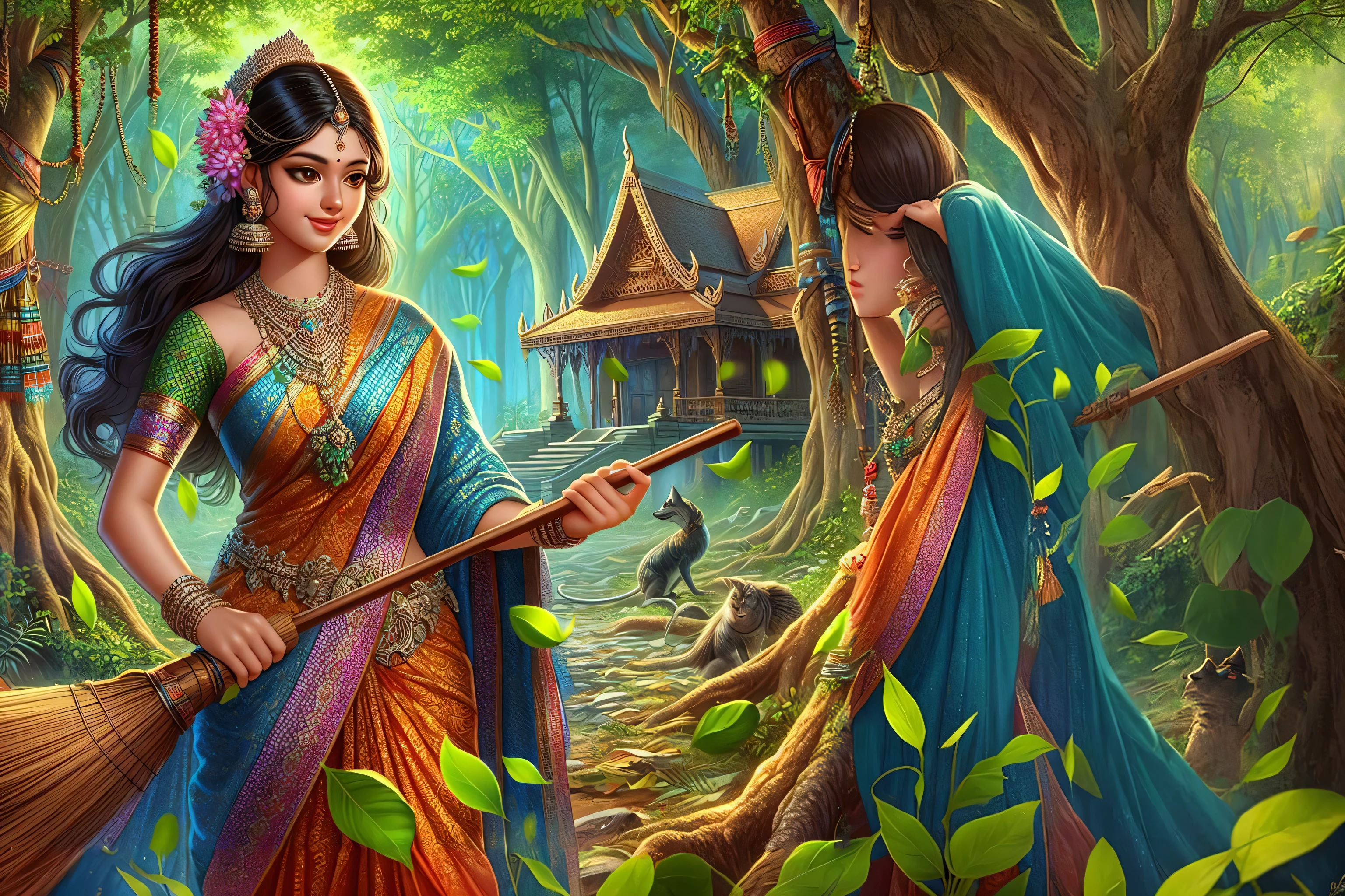 a painting of a woman in a colorful sari holding a broom, indian goddess of wealth, indian goddess, beautiful character painting, goddess of nature, detailed painting 4 k, goddess. extremely high detail, a beautiful artwork illustration, beautiful avatar pictures, tithi luadthong, nature goddess, forest hunter lady, goddess of the forest, beautiful fantasy art, earth goddess mythology