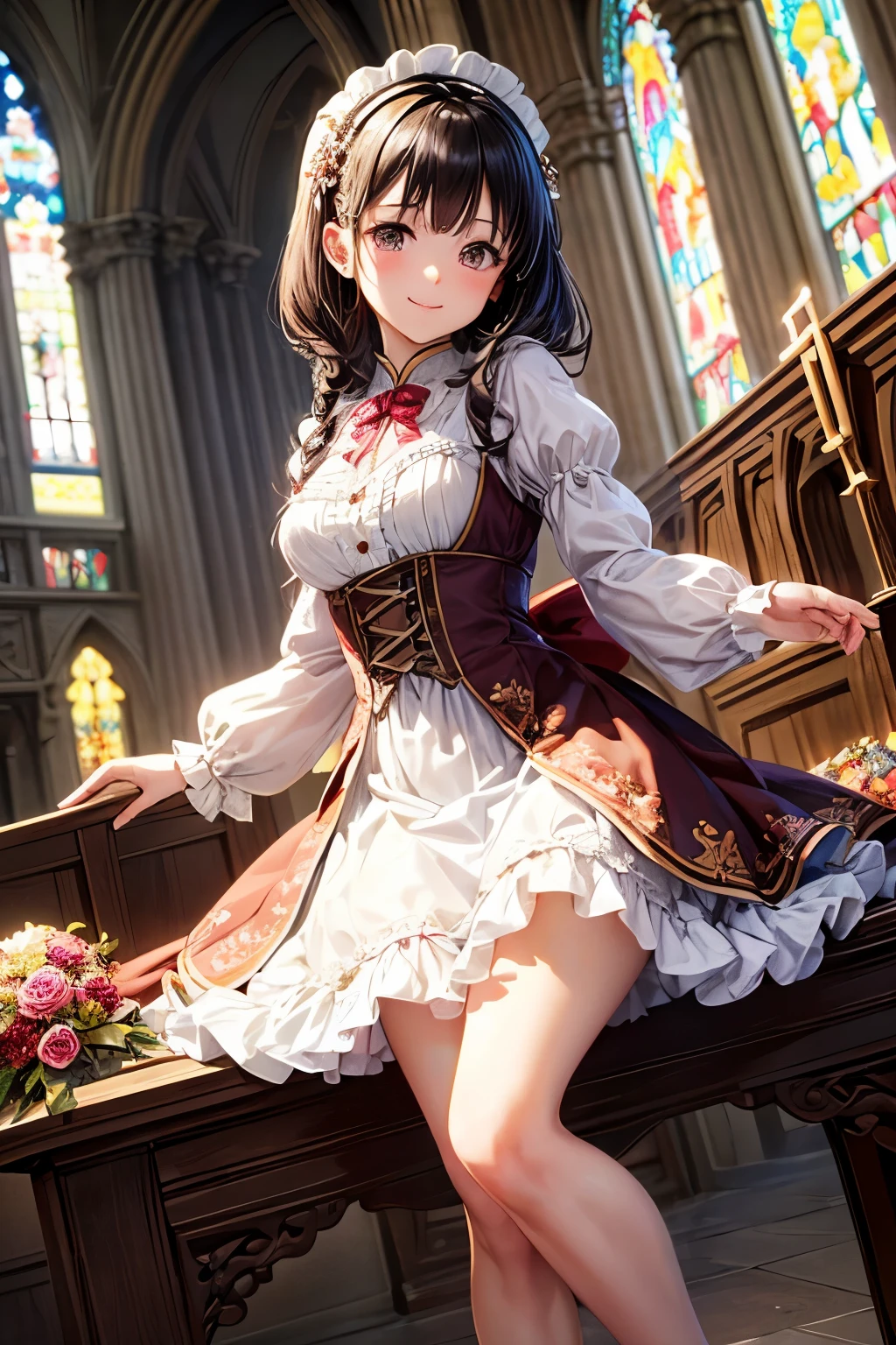 very cute and beautiful girl,(very detailed美しい顔と目:1.2),
smile,black hair,stylish pose,beautiful feet,cowboy shot,
Brown floral ta dress with detailed ruffles,
altar,church,indoors,
(highest quality,masterpiece:1.2),intricate details,very detailed,High resolution,1 girl,alone,cinematic lighting,