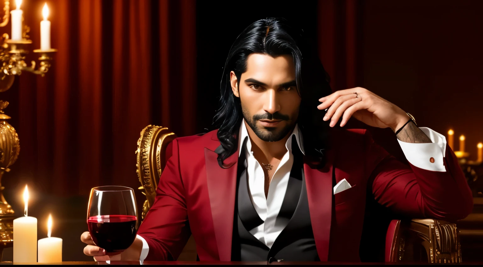 Lucifer, a beautiful man with black hair and red eyes, drinking a glass of wine ,elegante ,bonito ,barba pequena por fazer ,sensual ,Medium Distance Imaging , beautiful scenery in hell