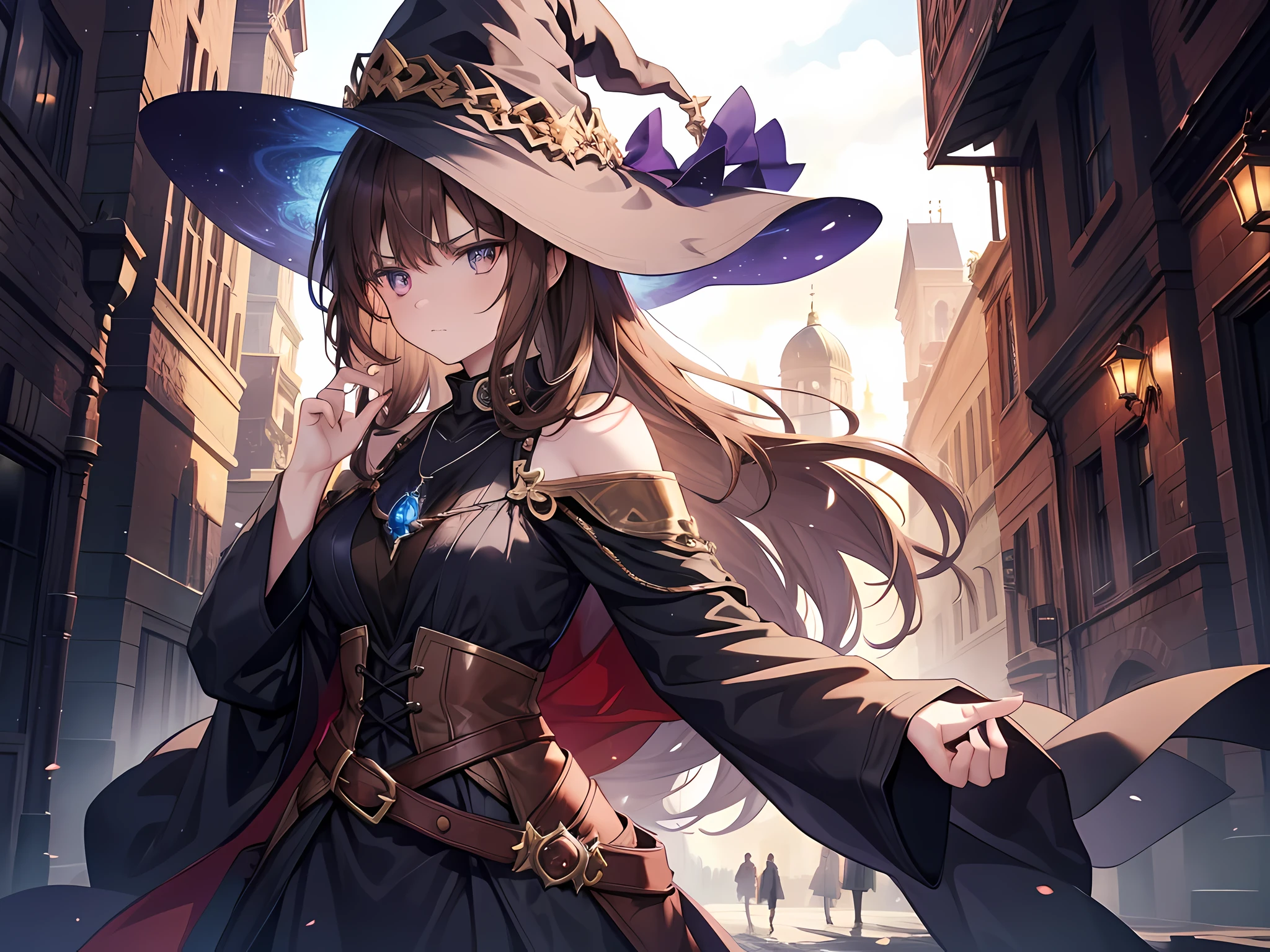 a woman, she is a witch with a magical necklace on her neck, brown eye color, brown hair, long hair, wearing witch outfit, serious face, there is a magical beast behind her, the background is in the city, half-body illustration