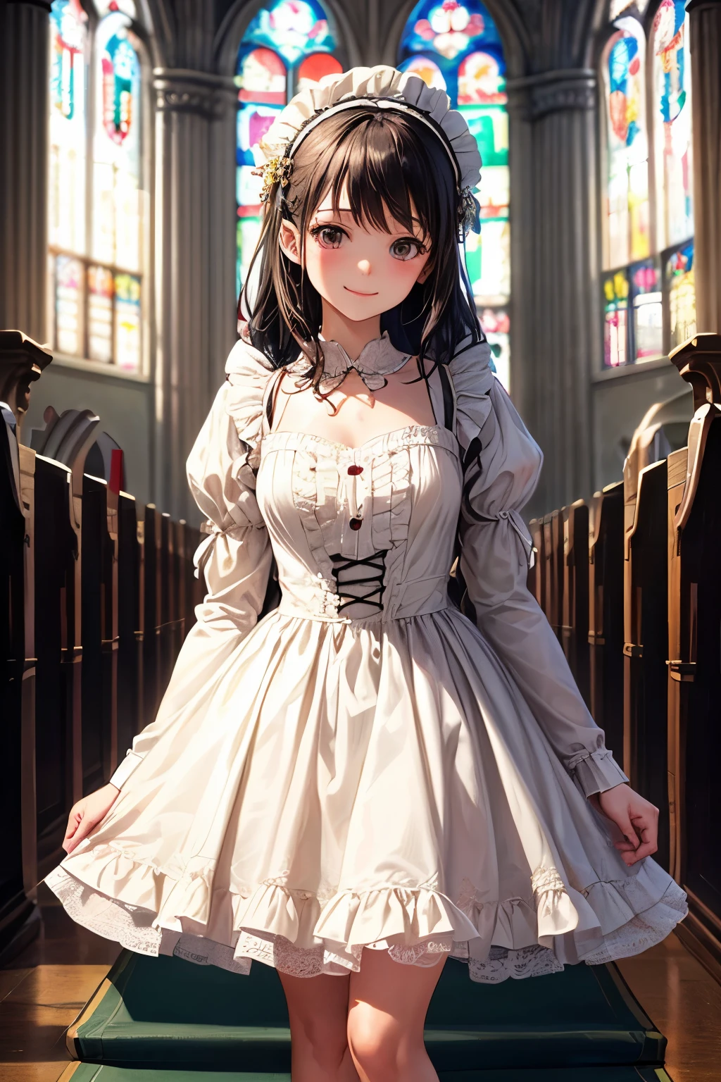 background is church、Pure White Prom Dresses、long black hair、beautiful girl、standing position、lift up the skirt、Small black underwear、blush