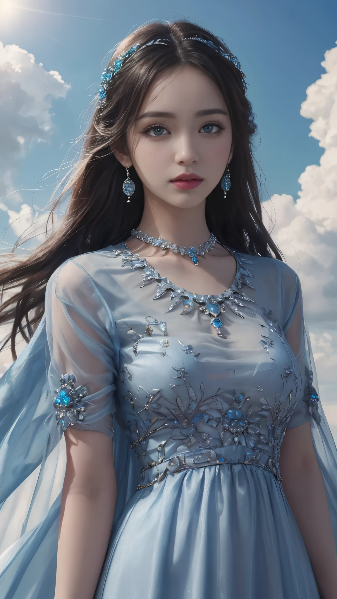 8K, Ultra HD, HD Color, masterpiece, realistic, 1 girl, Luminous Eyes, detailed lips, ultra long hair, (rob blue dress:1.5), (jewellery:1.5), Super artistic cloudy sky background, sun Shining,