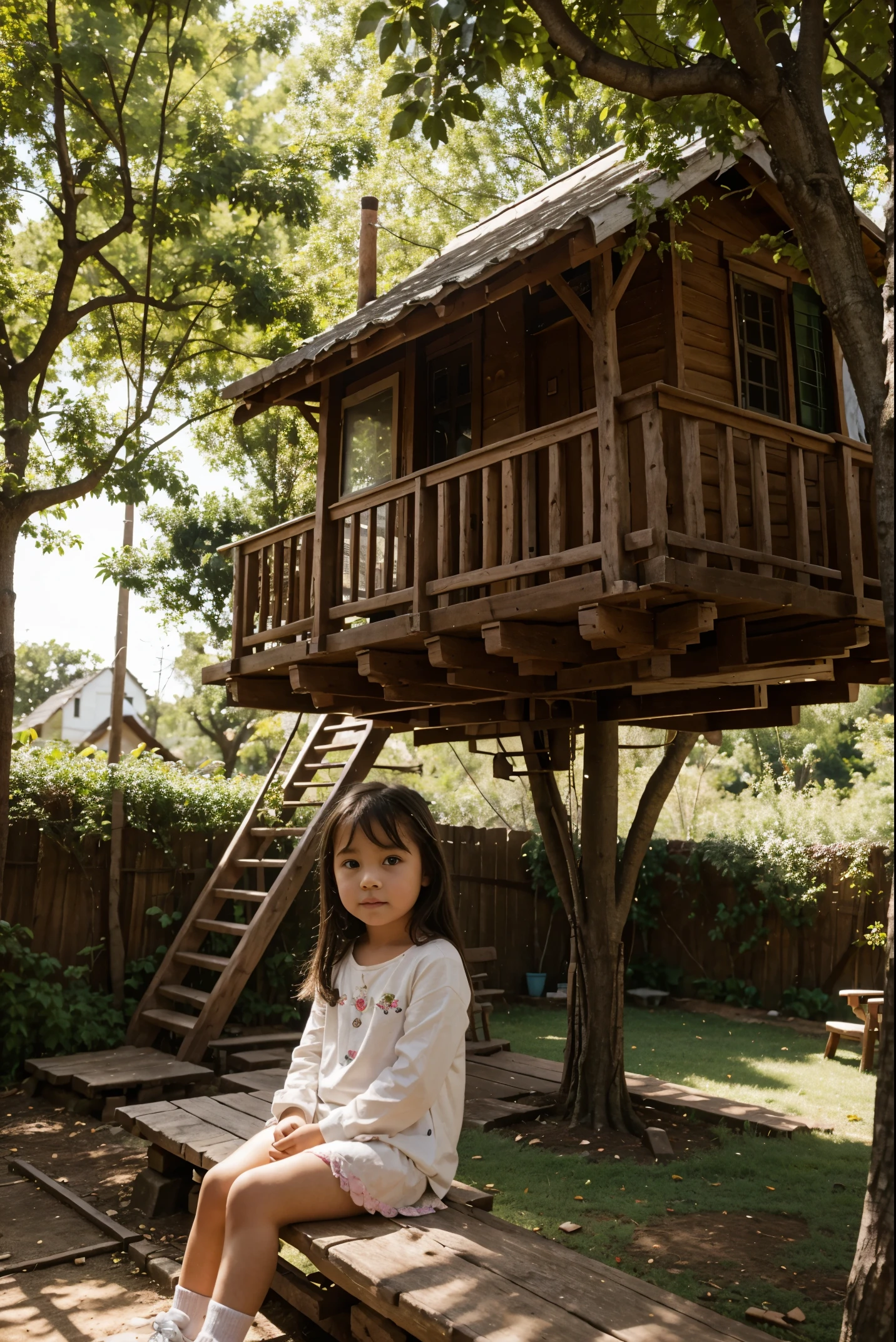 A is sitting near a tree house