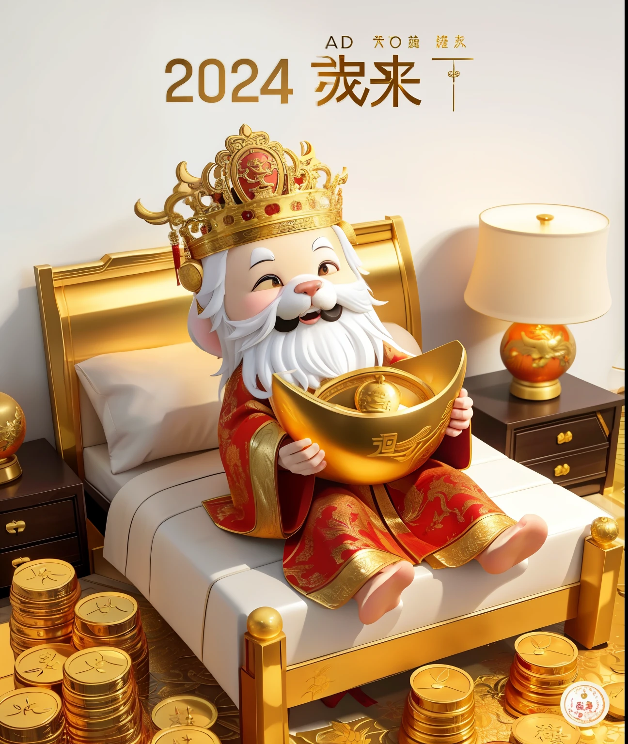 坐在床上中国god of wealth雕像，with a gold plate on it, god of wealth, 2024, 2 0 2 4, Popular topics on cgstation, 2023 4k, 2023, 2 0 2 3, ( ( AI Art God King ) ), 2447, Photos from 2022