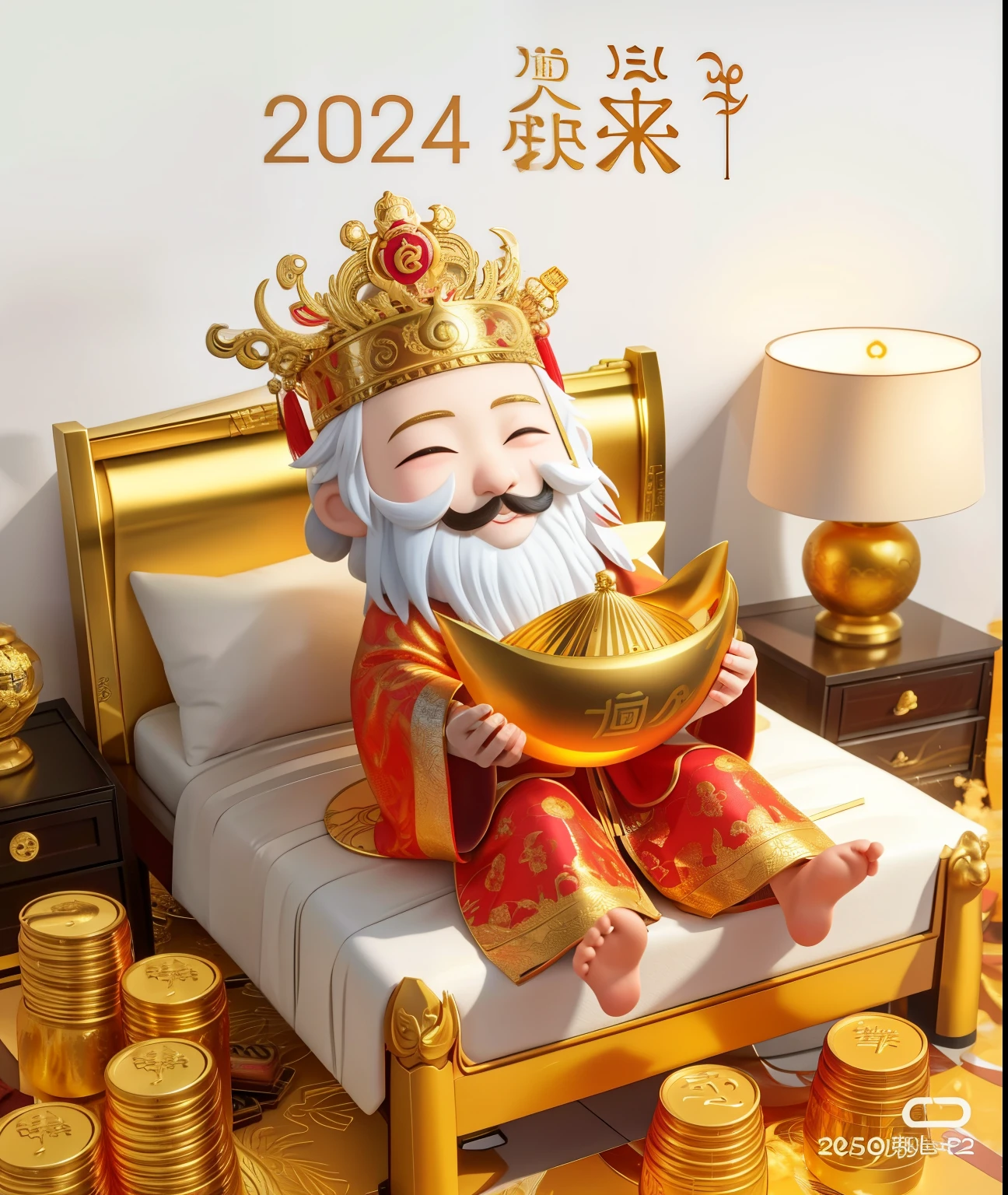 坐在床上中国god of wealth雕像，with a gold plate on it, god of wealth, 2024, 2 0 2 4, Popular topics on cgstation, 2023 4k, 2023, 2 0 2 3, ( ( AI Art God King ) ), 2447, Photos from 2022