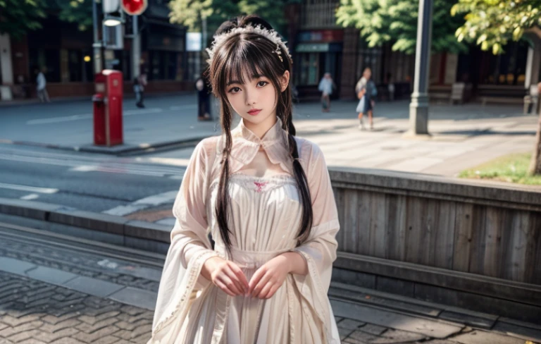 young girl on the street,only one person,The costumes are detailed and complete,slim body,Natural expressions,Soft light and shadow,The proportions of the characters are reasonable,Normal human eyes,Eyes are delicately drawn,Delicate facial details,Detailed sculpting of upper body,Attention to detail,The texture is delicate,vivid emotional description,meticulous detail。