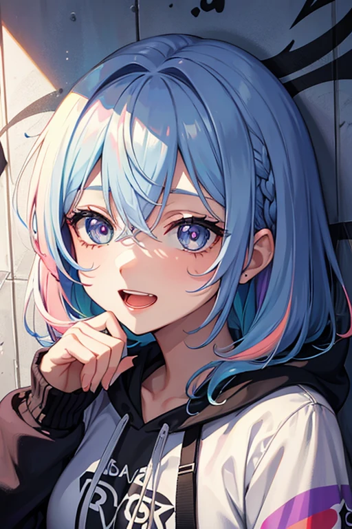 masterpiece, High quality, a high resolution, absurdity, ultra detailed, 8K, 1 girl, Platinum gray hair, blue hair, multicolored hair, Gradient Hair, Looking at the viewer, different colored eyes, Colorful hoodie, (Wall murals with graffiti:1.15), Brilliant colorful paintings, blossom, portrait, open mouth, Waist bag, near the wall, Bang, shadow, reflection, Face graffiti, different colored eyes, open mouth, yandere expression, smile, look at the viewer