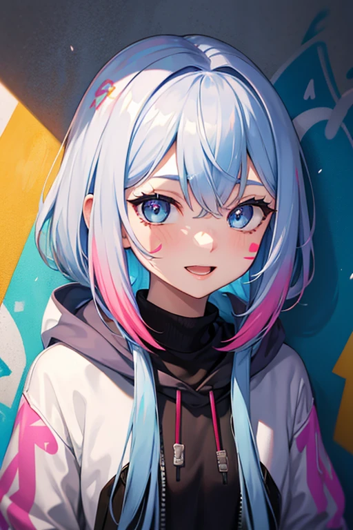 masterpiece, High quality, a high resolution, absurdity, ultra detailed, 8K, 1 girl, Platinum gray hair, blue hair, multicolored hair, Gradient Hair, Looking at the viewer, different colored eyes, Colorful hoodie, (Wall murals with graffiti:1.15), Brilliant colorful paintings, blossom, portrait, open mouth, Waist bag, near the wall, Bang, shadow, reflection, Face graffiti, different colored eyes, open mouth, yandere expression, smile, look at the viewer