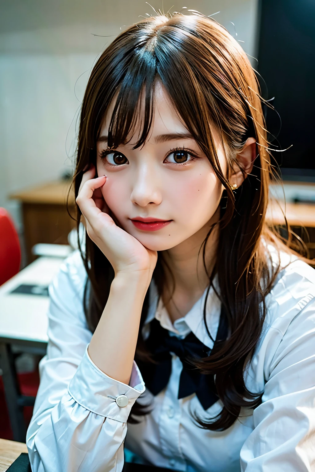 (8K, RAW photo:1.2)detailed face and eyes,最high quality, Super high resolution, very detailed ,intricate details ,table top ,pretty girl , soft movie-like light, hyper detail,sharp focus, high quality,school uniform, dripping from,