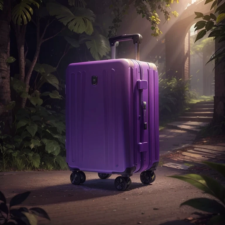 a white suitcase，Blends seamlessly into the background,There are branches next to it,Purple and blue background,Leaf tail,jungle environment,The sun shines through the gaps in the leaves,Dappled lights,The bird's feathers are scattered on the ground,A bright and vibrant color palette,realistic details,high resolution images,like texture,photorealistic rendering,bright colors,masterpiece:1.2.