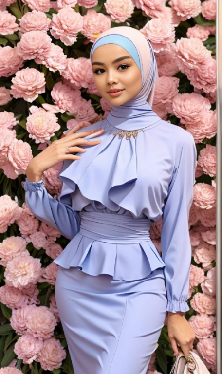 Best quality, high resolution, masterpiece: 1.3), beautiful Malay woman in hijab, big breasts, Masterpiece, Best quality), Young woman, perfect slim fit body, (Huge breasts), big gorgeous eyes, wear soft blue Mini peplum Dress with floral pattern,soft smile, Delicate turtleneck print sun dress, necklace, shairband, afternoon walk, City garden, Excellent lighting, Bright colors, Clean lines
