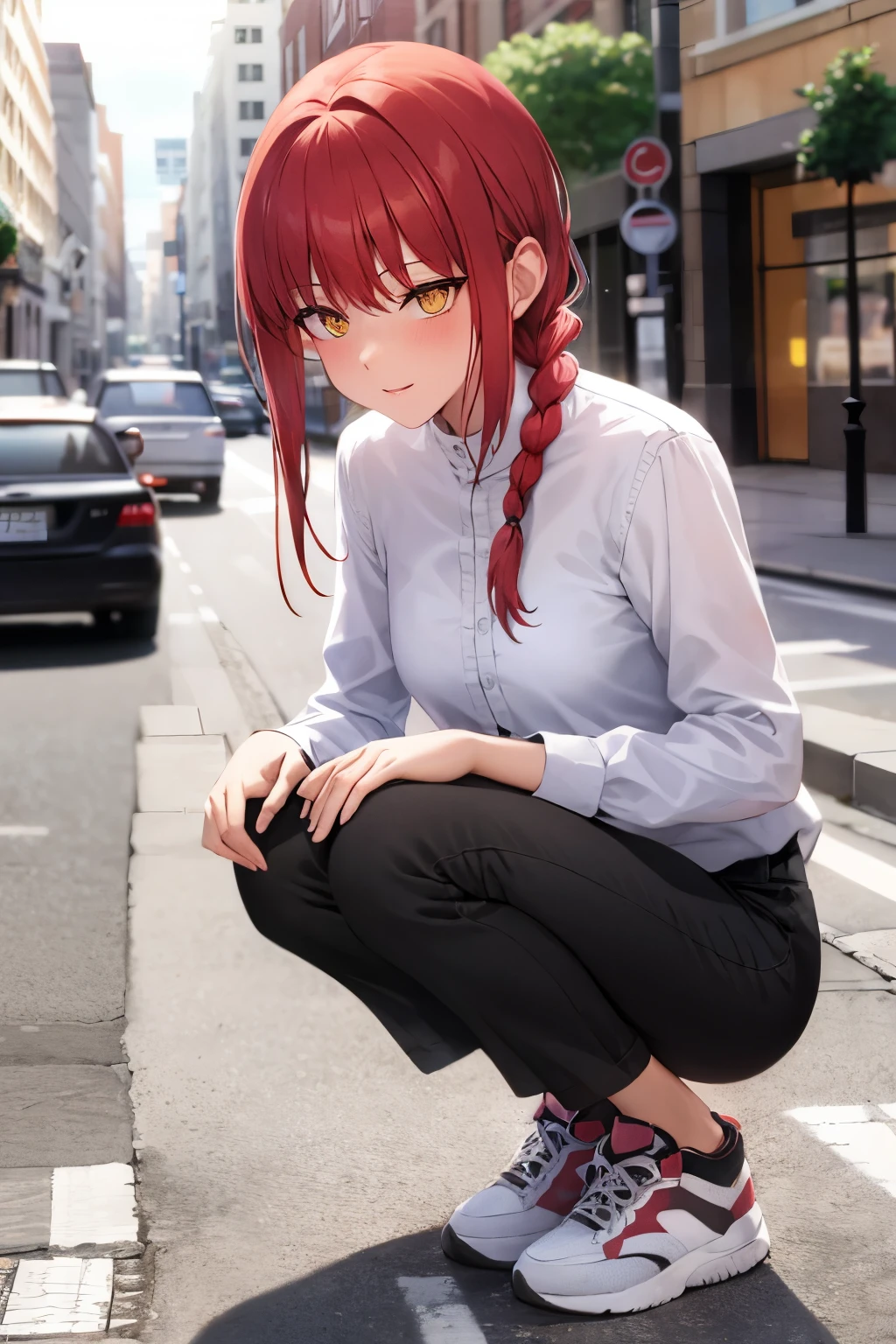whiteshirt、Stomach chiller、Black pants、E-cup、Emphasis on the chest、a whole body、Head to toe、squatting over vewer、White sneakers、In the street、blushes、red hairs, Long braided hair, Golden eyes,Makima