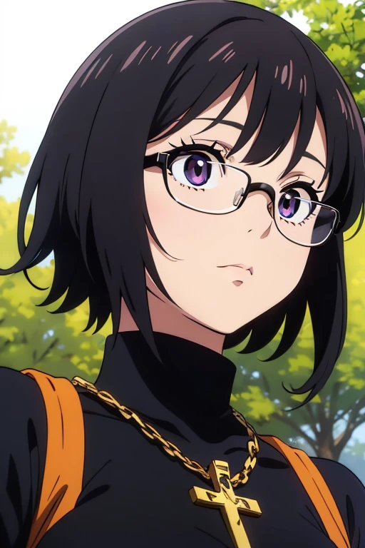 (masterpiece, high resolution, best quality, anime colored, anime screencap, 8k, photorealistic), Shizuku Murasaki, 1girl, cute, black hair, short hair, glasses, expressionless, huge breast, (long sleeve, tight black turtleneck), (upper body, looking at view, from below), denim, inverted cross chain necklace, (perfect detailed anatomy, beautiful detailed eyes&hair, beautiful face, shiny skin), sunshine outdoors