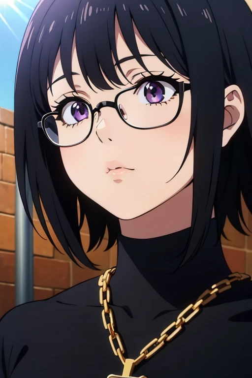 (masterpiece, high resolution, best quality, anime colored, anime screencap, 8k, photorealistic), Shizuku Murasaki, 1girl, cute, black hair, short hair, glasses, expressionless, huge breast, (long sleeve, tight black turtleneck), (upper body, looking at view, from below), denim, inverted cross chain necklace, (perfect detailed anatomy, beautiful detailed eyes&hair, beautiful face, shiny skin), sunshine outdoors