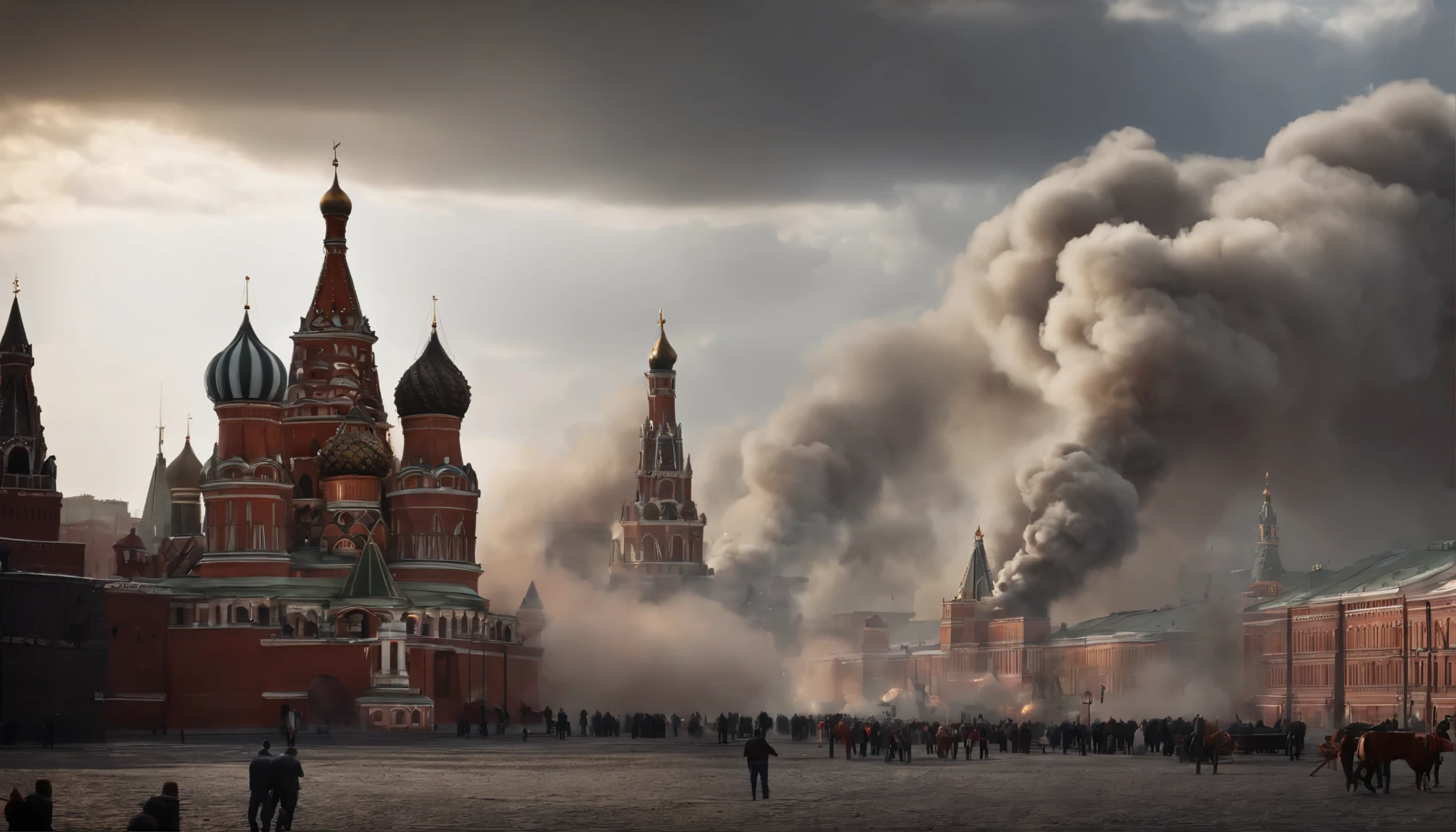 Red square Moscow detailed realistic view, War, dramatic, scary, depressing, ruined buildings, dead bodies at the street, 24K movie quality, cinematic composition, fine textures，Red square Moscow burning ruined at war, ruined Kremlin, smoke, everything burns, fire, ruined city, war, military planes above bombing, epic view, dramatic, dark, cinematic, red square Moscow being bombed from the planes, everything ruined