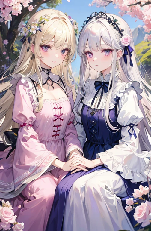 (masterpiece, best quality),Two princesses with perfect details. Birds singing and flowers fragrant in the mountains. 1 woman with long straight silver hair and purple eyes., Warm light of a woman with long blond hair and pink eyes,Silver-haired woman with side-swept bangs ,Blonde woman with center parted bangs Blonde woman wearing cherry blossom pink lolita dress,There are bows and crystal chains on the clothes. The silver-haired woman wears a lavender-purple Lolita dress.,They all wear delicate flower crowns. The blonde woman has mostly butterfly elements on her body. The white-haired woman has mostly flower elements on her body. The foreground is blurry. They are holding hands. The fresh and bright background is full of flowers, doll collar and Edwardian collar.