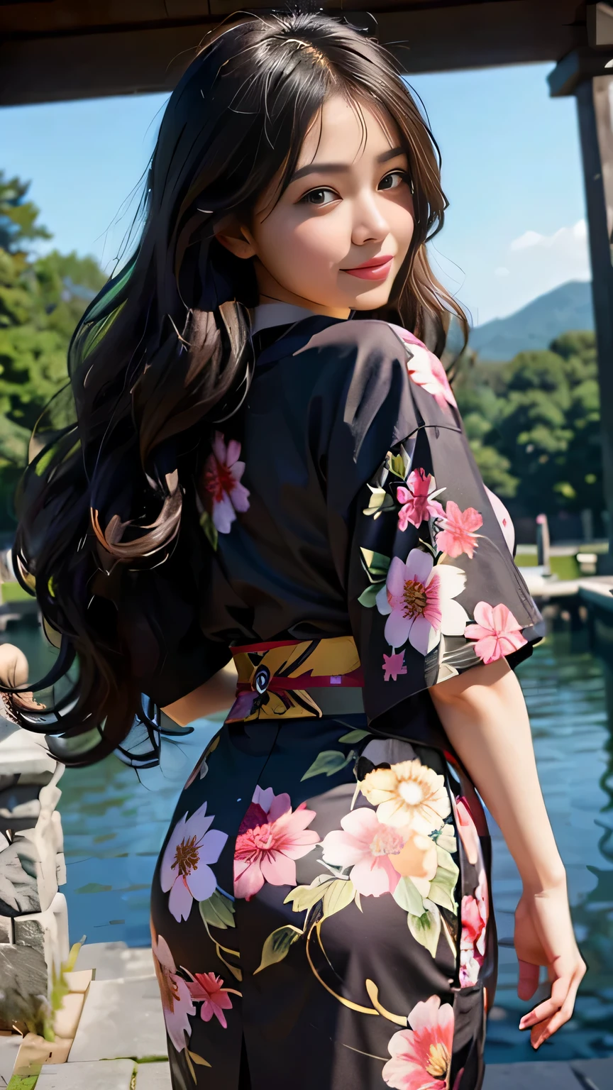 backwards、black kimono、highest quality、Super detailed、8K、Like a photograph