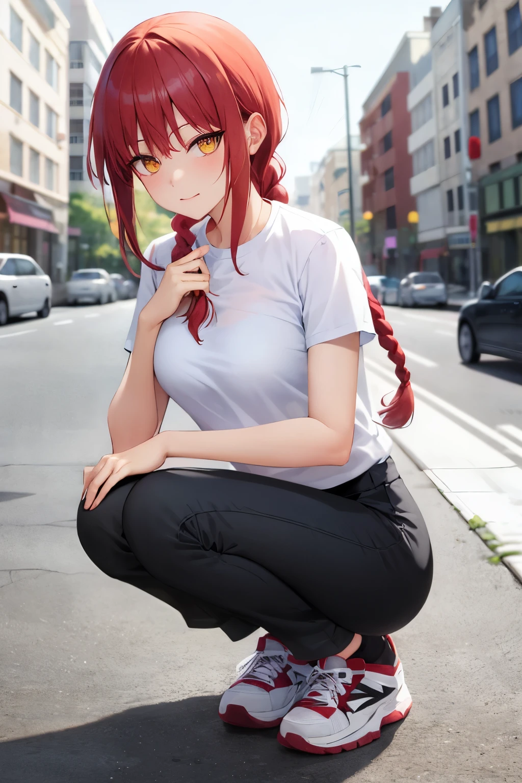 whiteshirt、Stomach chiller、Black pants、E-cup、Emphasis on the chest、a whole body、Head to toe、squatting over vewer、White sneakers、In the street、blushes、red hairs, Long braided hair, Golden eyes,Makima